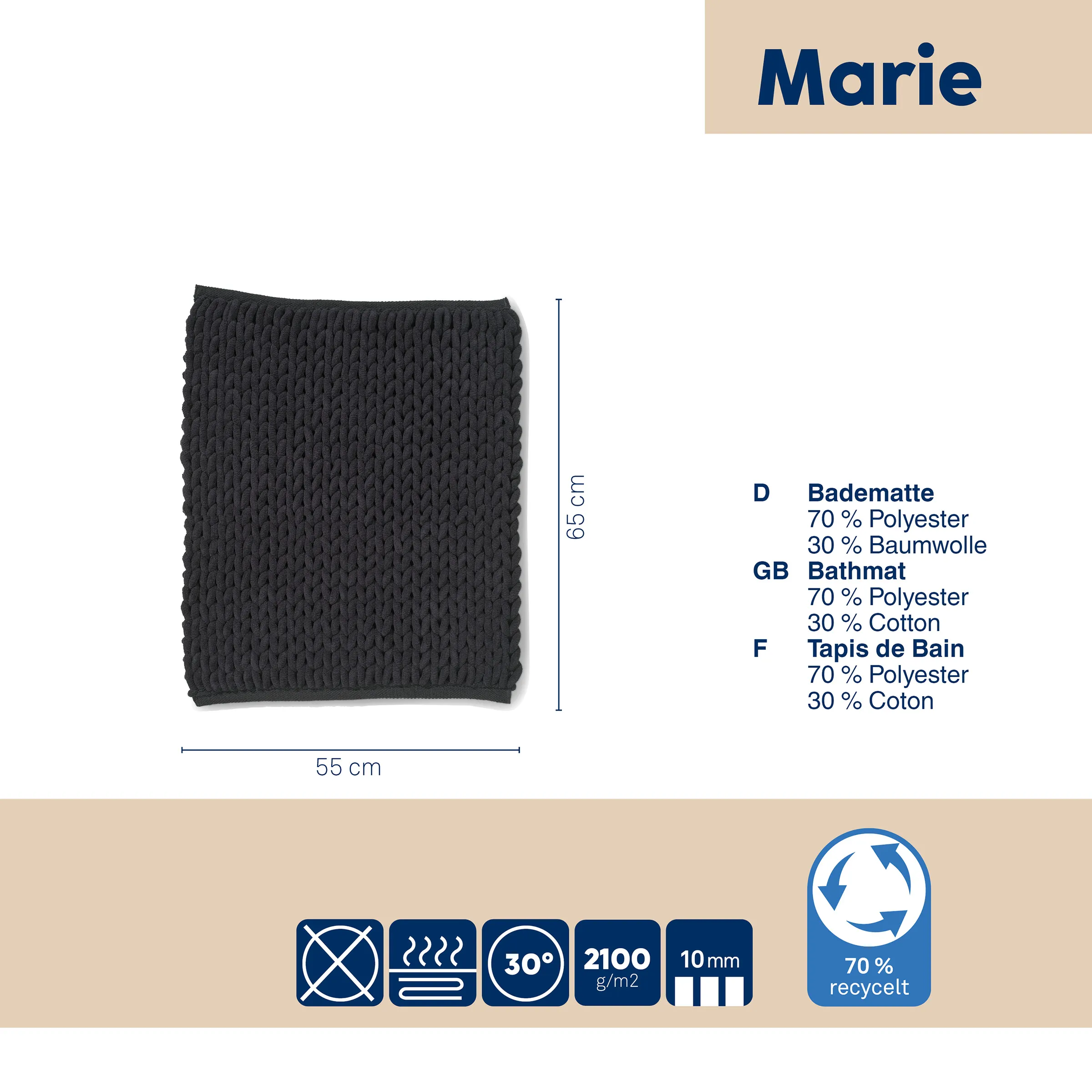 Badematte Marie schwarz Waffelmuster 55x65 cm Schwarze Badematte Marie mit Waffelmuster, 55 cm breit und 65 cm hoch, aus 70% Polyester und 30% Baumwolle