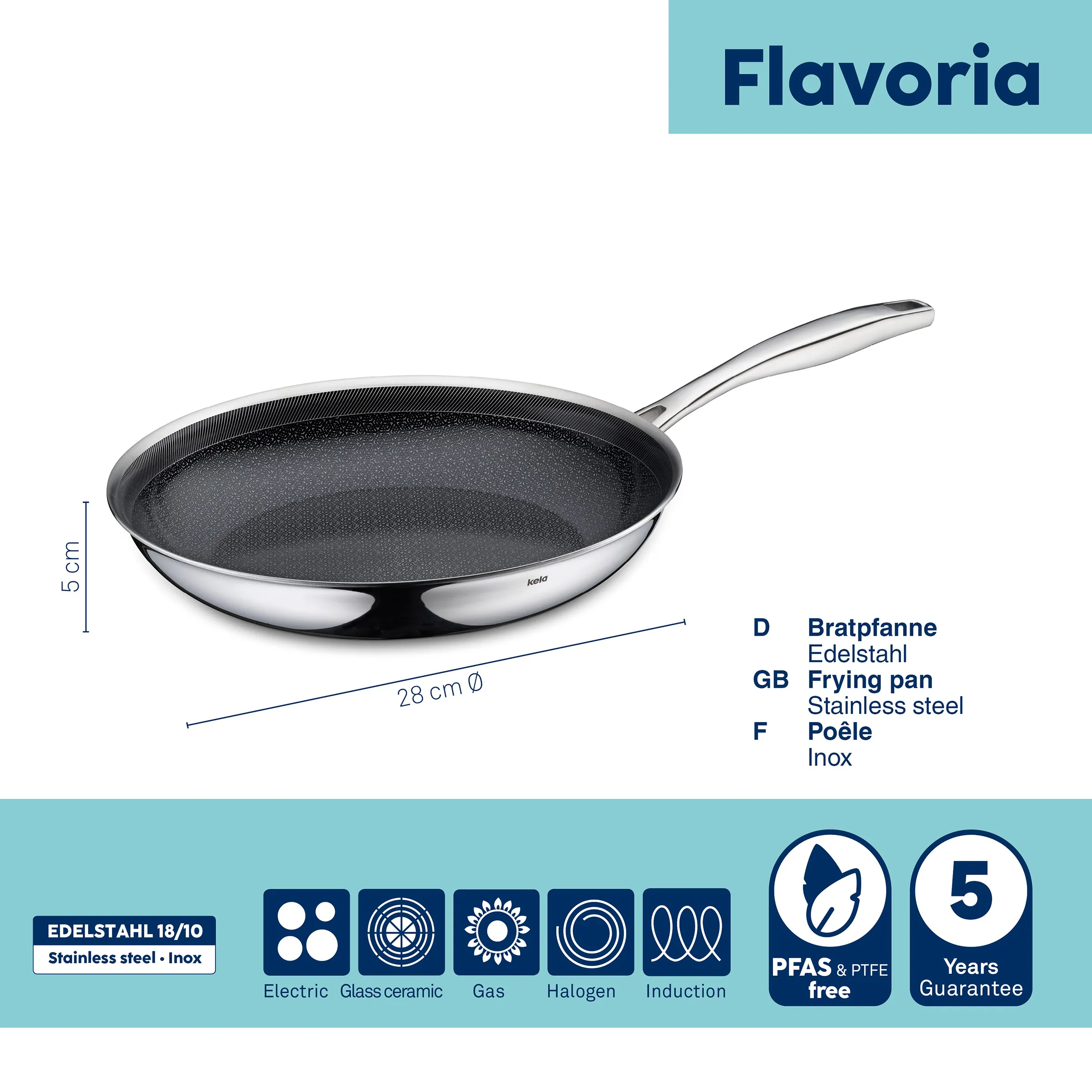 Flavoria Edelstahl-Bratpfanne 28 cm Antihaftbeschichtung Induktion PFAS-frei Flavoria Edelstahl-Bratpfanne 28 cm mit Antihaftbeschichtung, für alle Herdarten inkl. Induktion