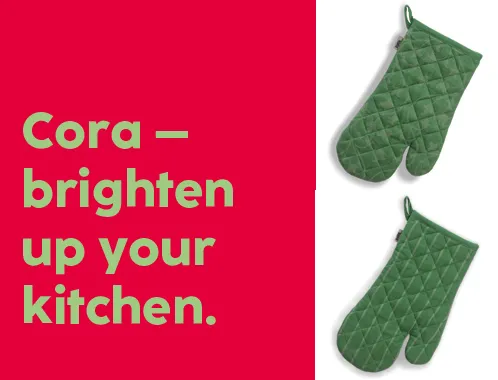 Cora Green Quilted Oven Mitts – Kitchen Gloves Set Green quilted oven mitts with pink background and text 'Cora – brighten up your kitchen'