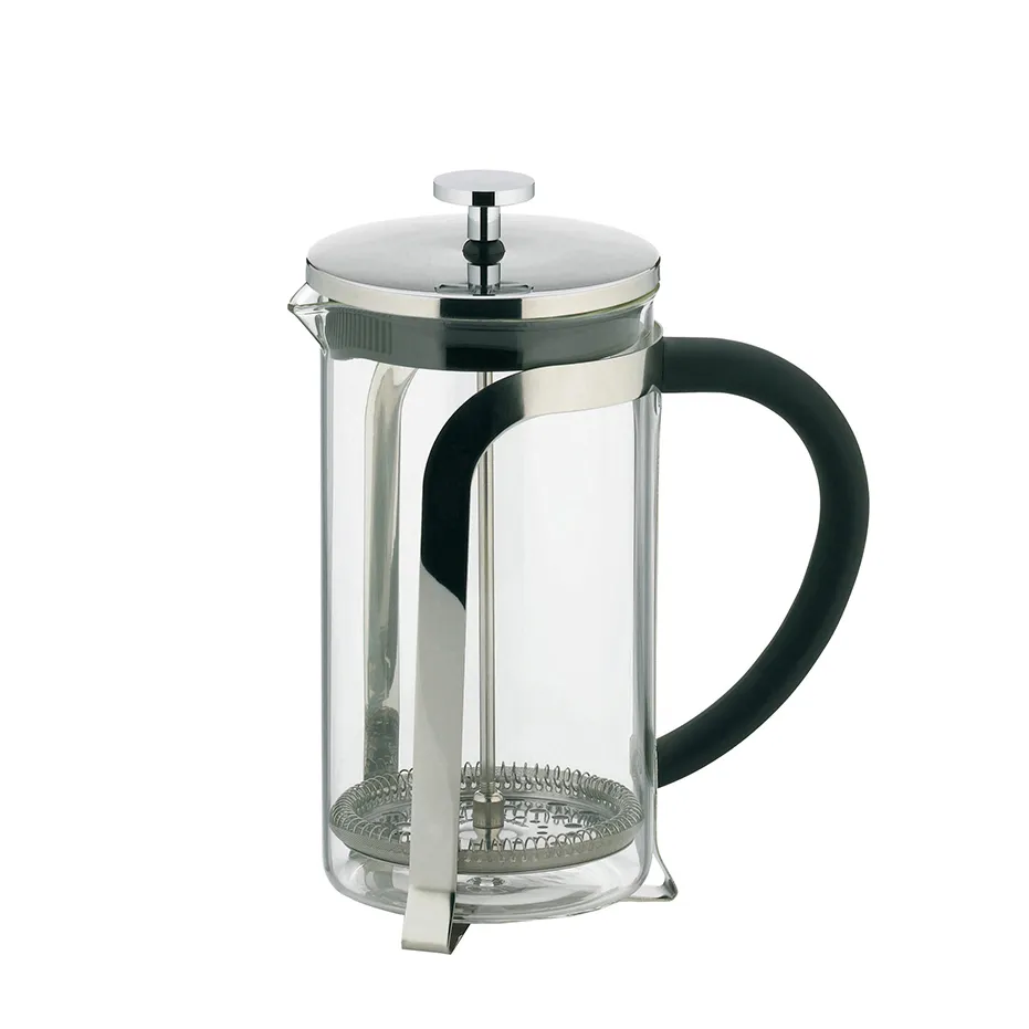 French Press Kaffeebereiter Glas Edelstahl - Kaffee Pressstempelkanne French Press Kaffeebereiter mit Glaskolben, Edelstahlrahmen und schwarzem Griff auf weißem Hintergrund