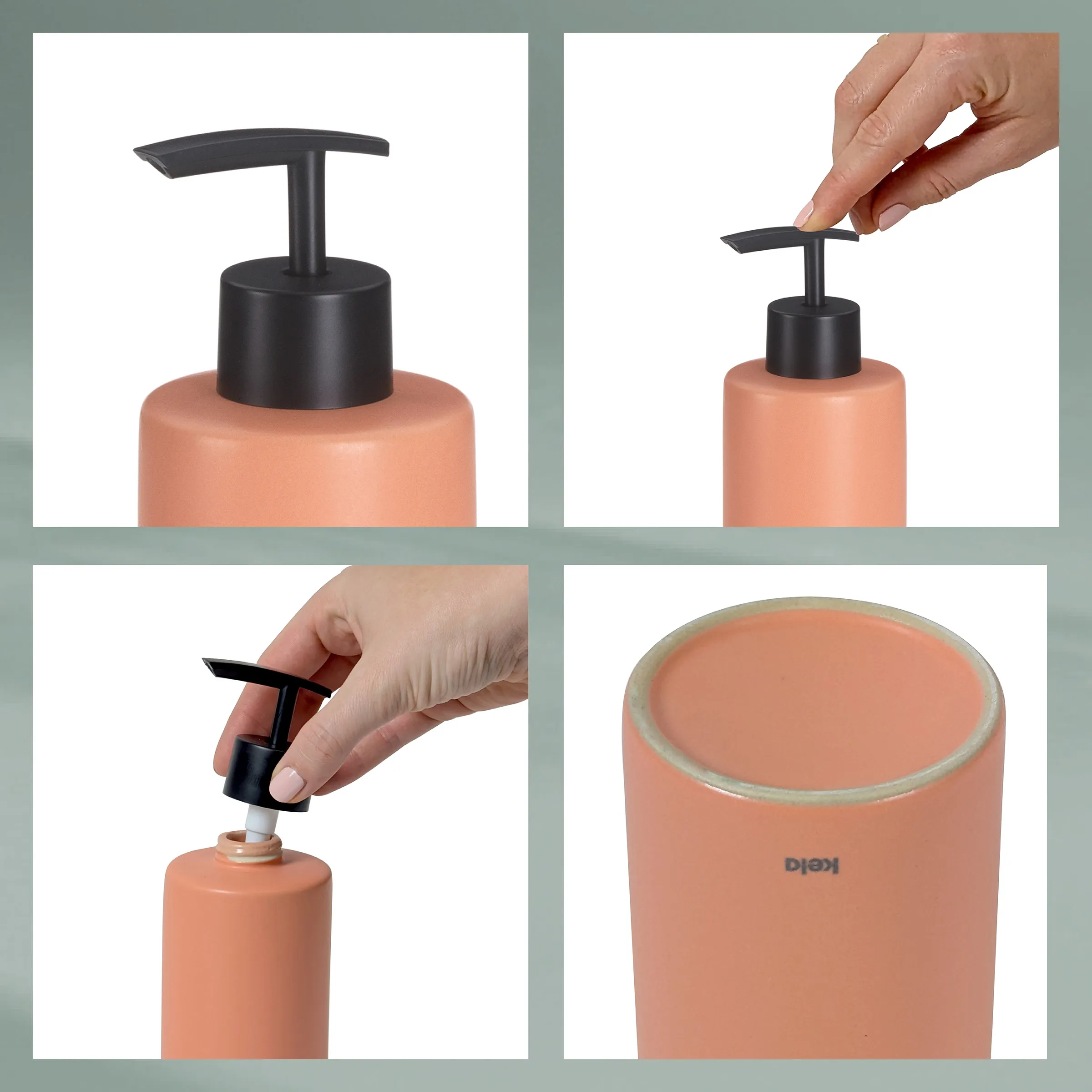 Seifenspender Pumpenflasche - Dispenser mit Pumpenmechanismus Pfirsichfarbener Seifenspender mit schwarzem Pumpenkopf wird von Hand bedient und im vollständigen Produkt gezeigt.