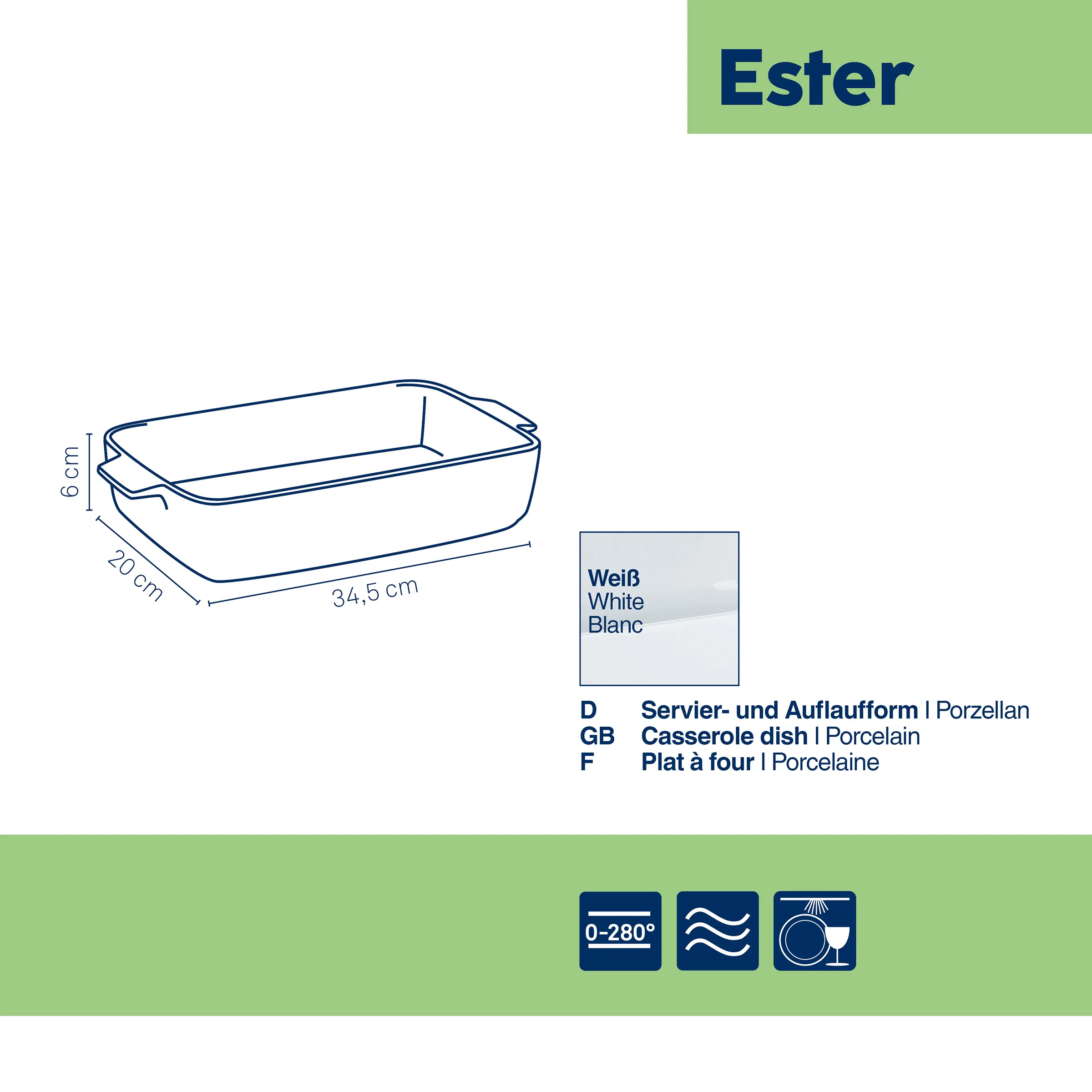Weiße Porzellan Servierschüssel Ester - Auflaufform 34,5 cm Weiße Porzellan-Servierschüssel Ester mit Griffen, Maße 34,5 x 20 x 6 cm, für Ofen bis 280°C geeignet