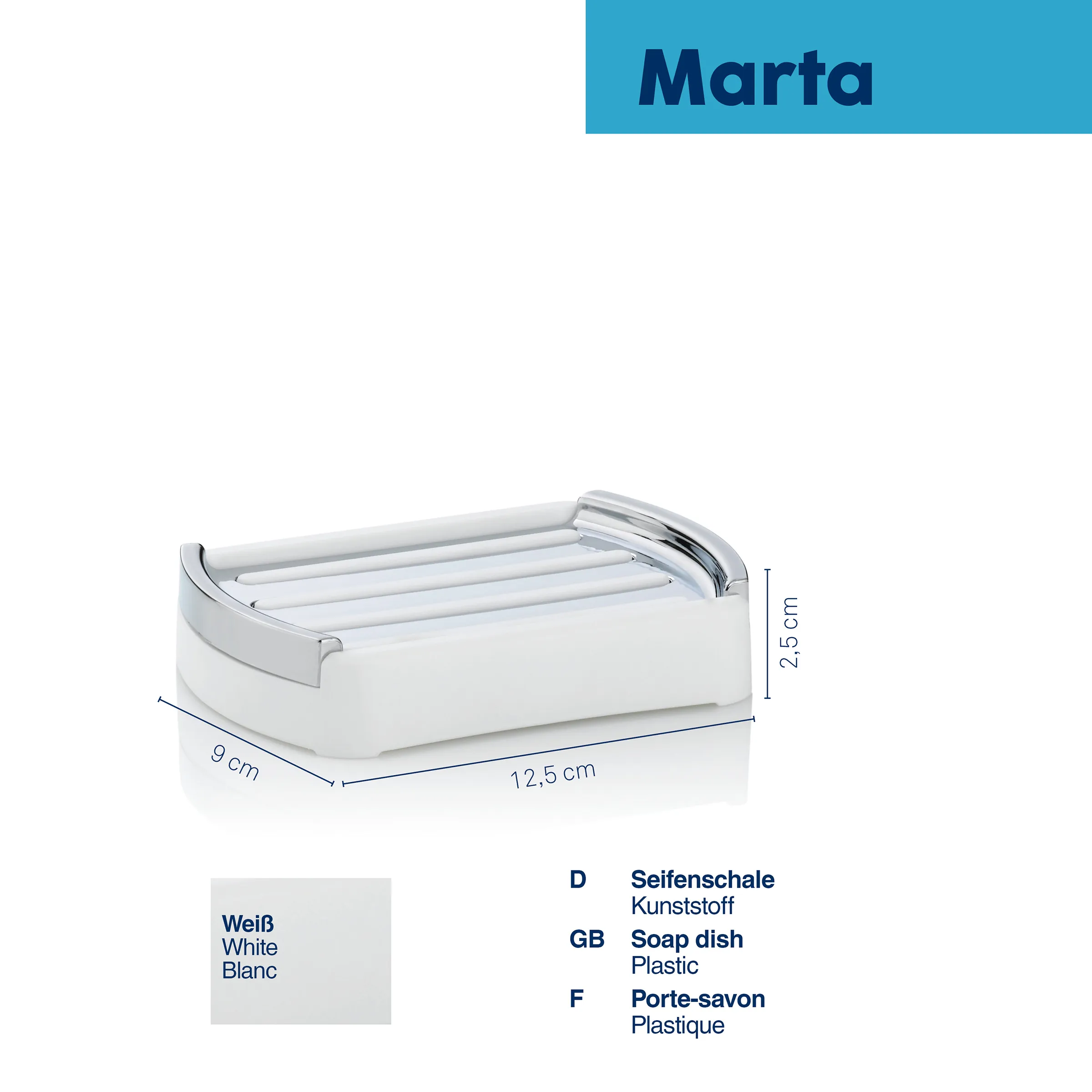 Weiße Kunststoff-Seifenschale Marta mit verchromtem Rand, Maße 12,5 x 9 x 2,5 cm