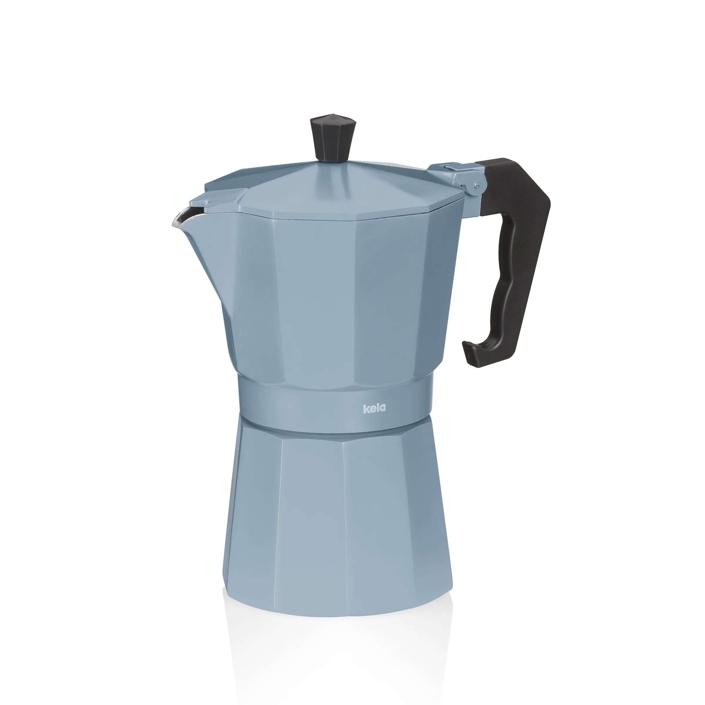 Moka Topf - Italienische Espressokanne aus Aluminium Grauer Moka-Topf mit schwarzem Griff und Deckel, klassische italienische Espressokanne auf weißem Hintergrund