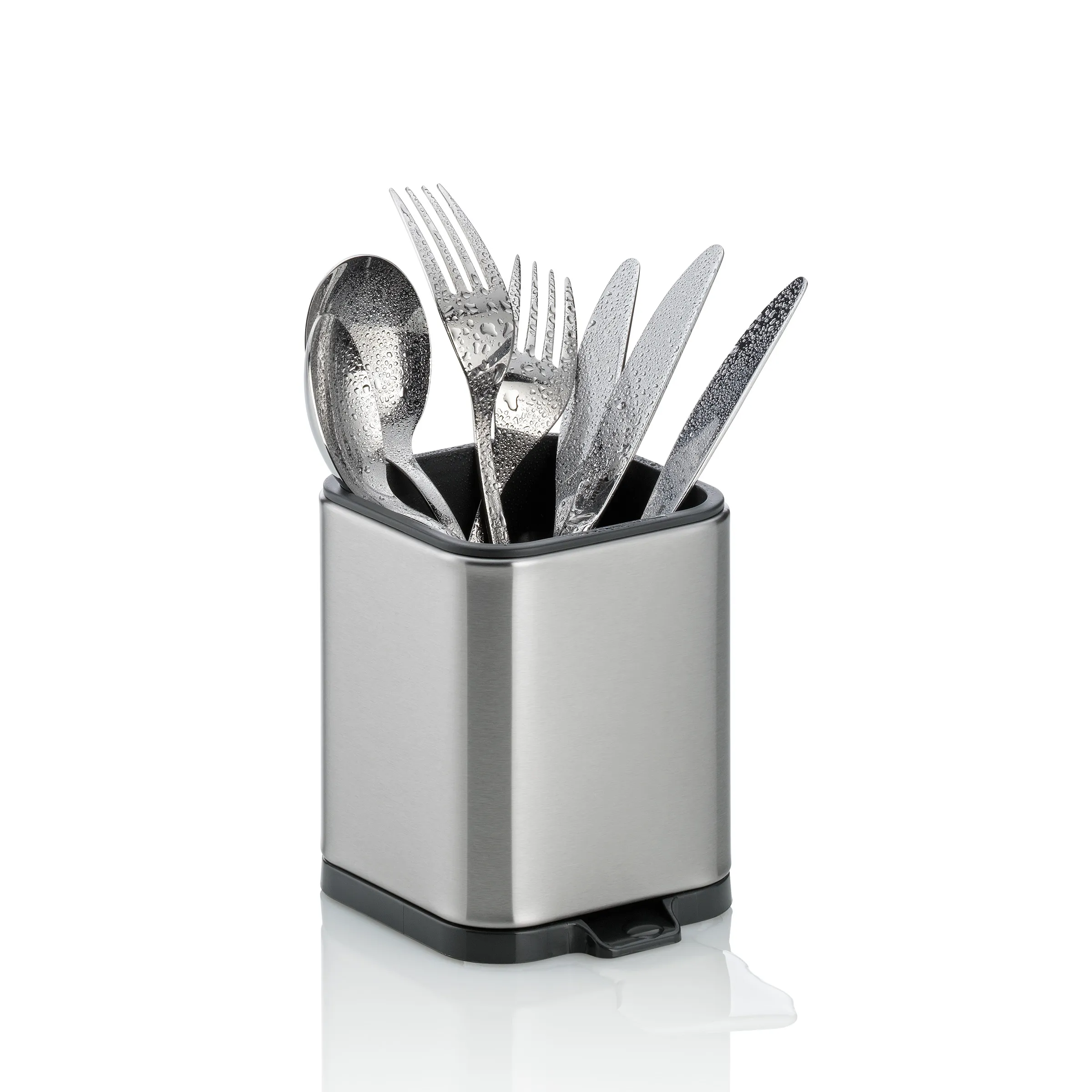 Besteckständer Edelstahl mit Besteck-Set Edelstahl-Utensilienbehälter mit silbernen Bestecken: Löffel, Gabel und Messer mit schwarzen Griffen
