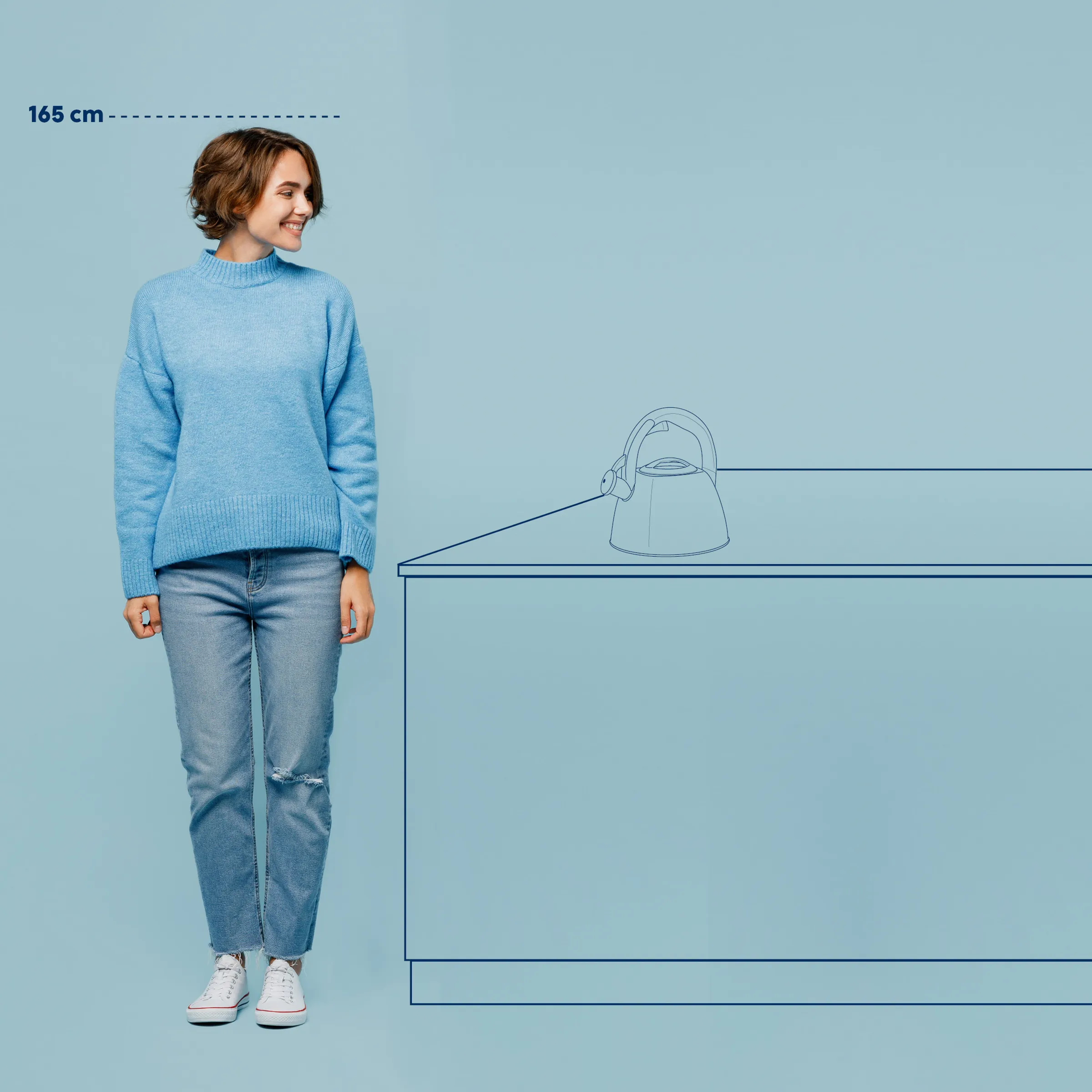 Küchenzeile Höhe 165 cm - Ergonomische Arbeitshöhe mit Wasserkocher Frau in blauem Pullover steht neben Küchenzeile mit Wasserkocher, Höhe 165 cm
