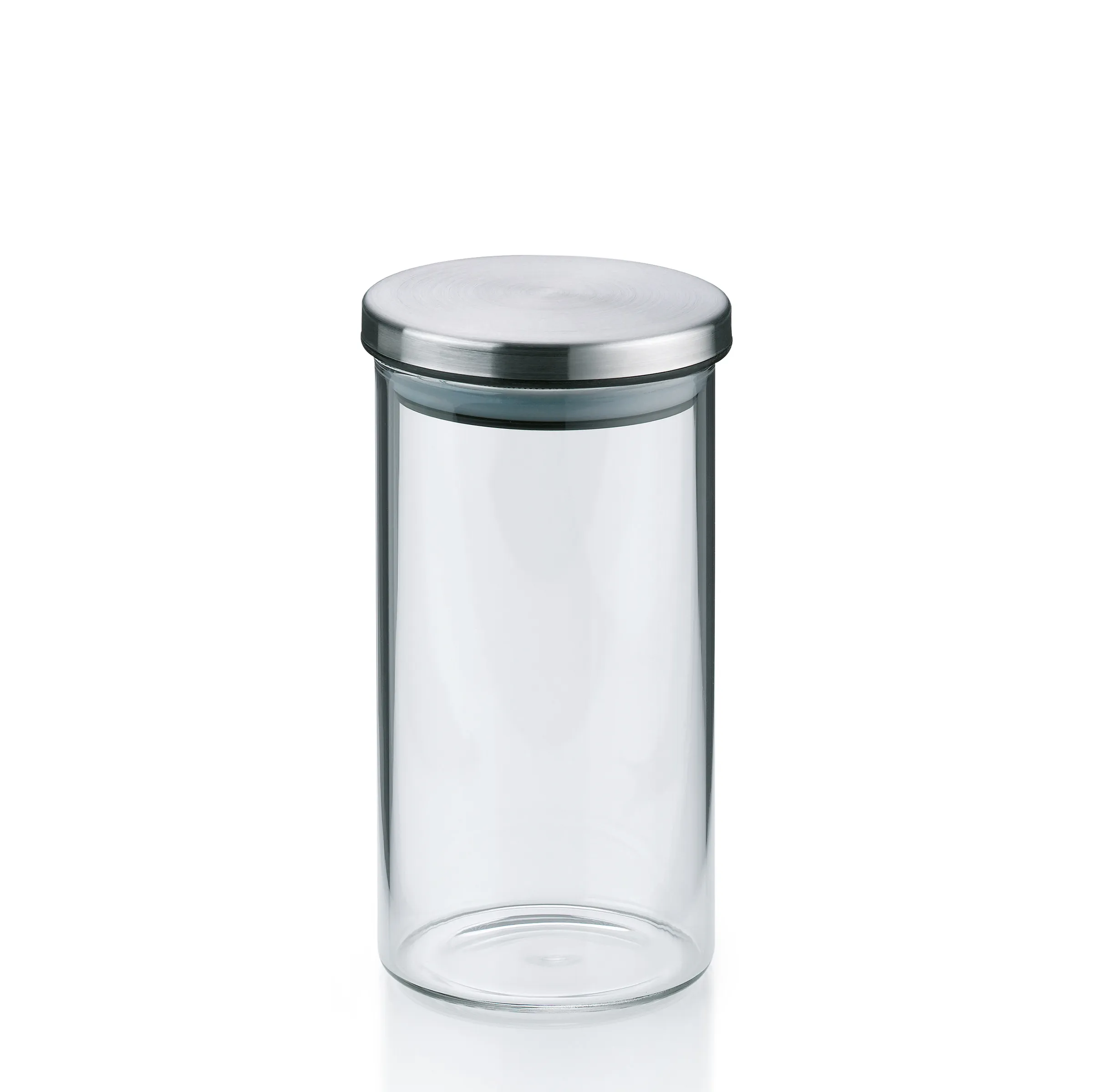 Vorratsglas mit Edelstahldeckel - Luftdichter Glasbehälter für Küche Transparenter Glasbehälter mit rundem Edelstahldeckel auf weißem Hintergrund