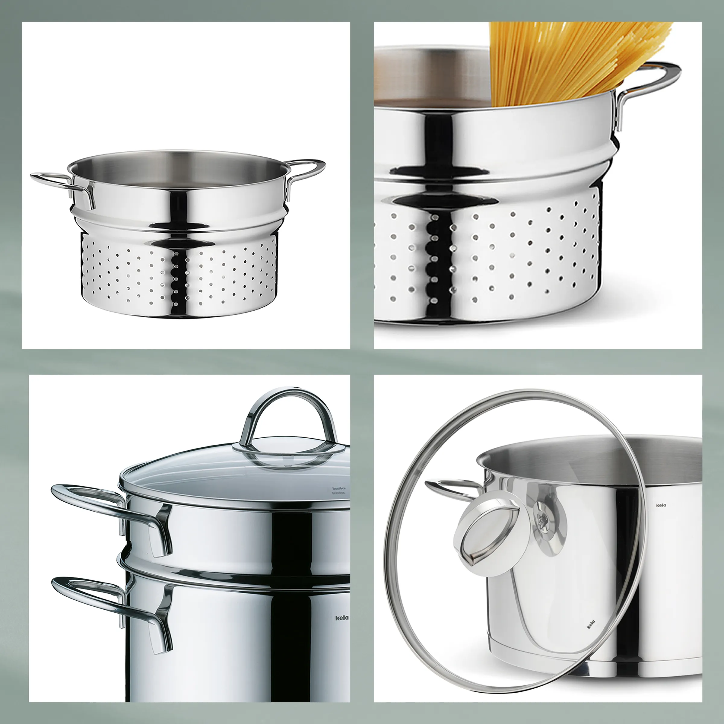 Edelstahl Kochtopf Set mit Sieb und Deckel Edelstahl-Kochgeschirr-Set mit Sieb, Töpfen und Glasdeckeln in vier Ansichten