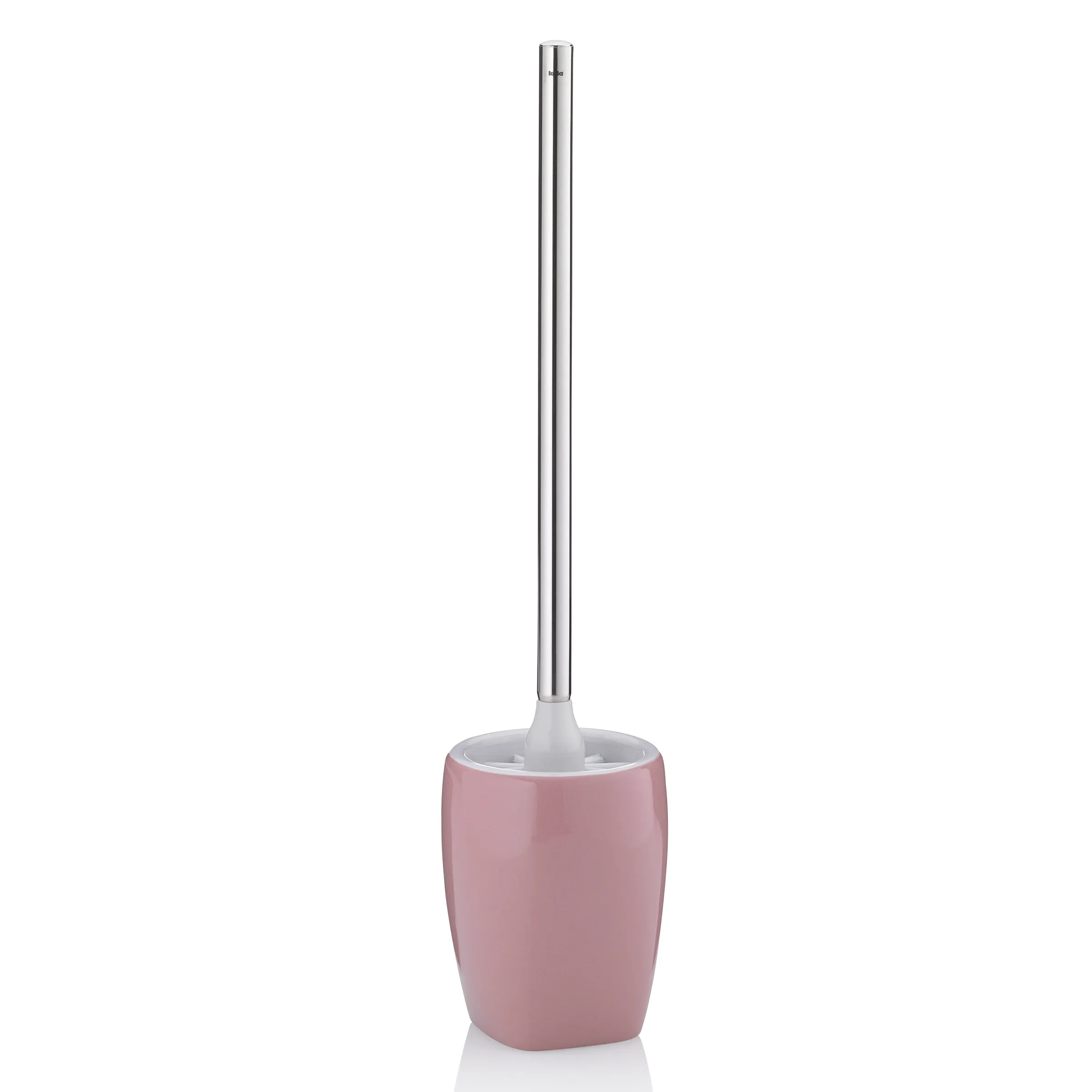 Rosa Toilettenbürste mit Edelstahlstiel - Badezimmer Reinigung Rosa Toilettenbürste mit langem Stiel und stainless Steel Griff auf weißem Hintergrund