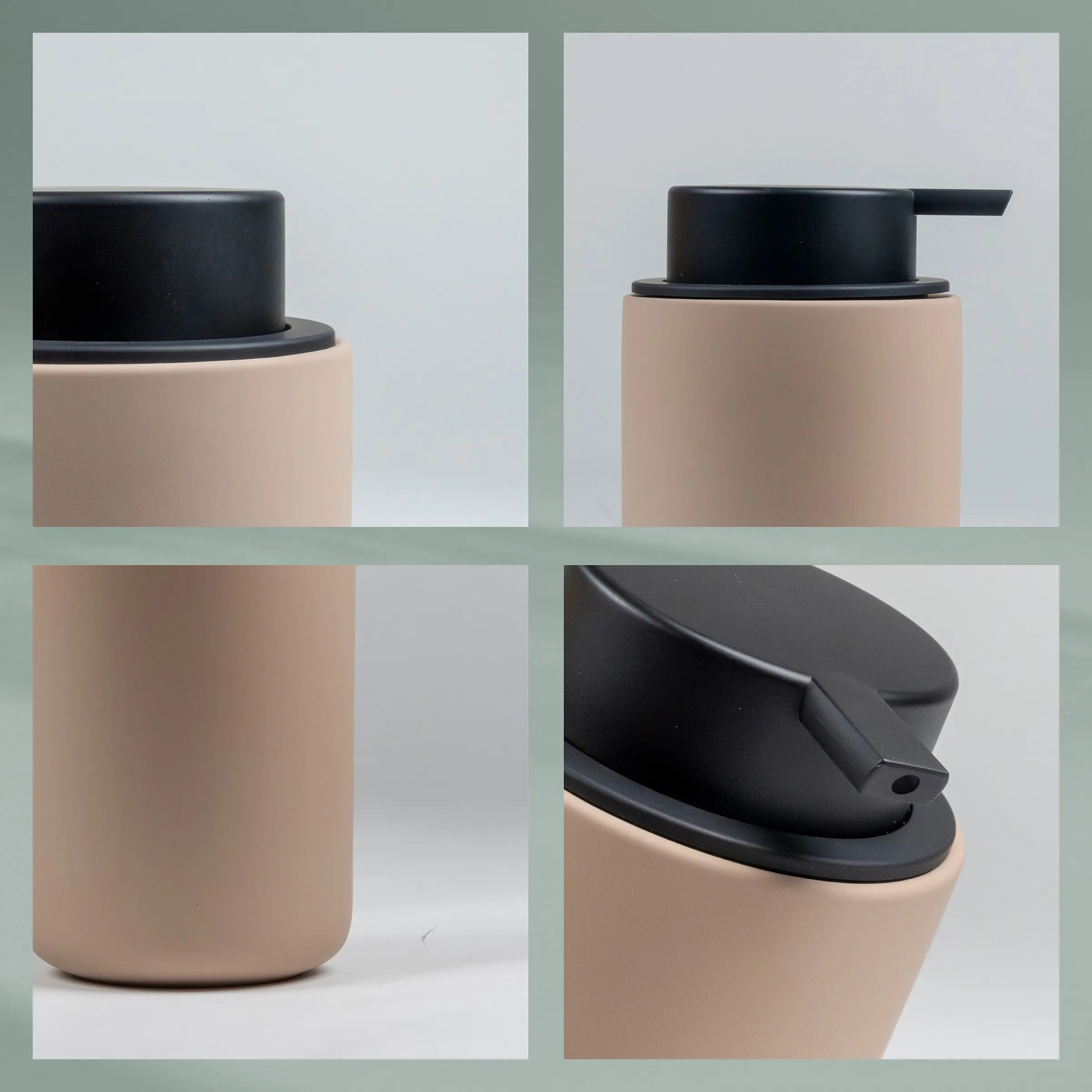 Beige Seifenspender mit schwarzer Pumpe - Design Badezimmer Beige Seifenspender mit schwarzem Pumpenkopf in vier verschiedenen Ansichten auf hellgrauem Hintergrund