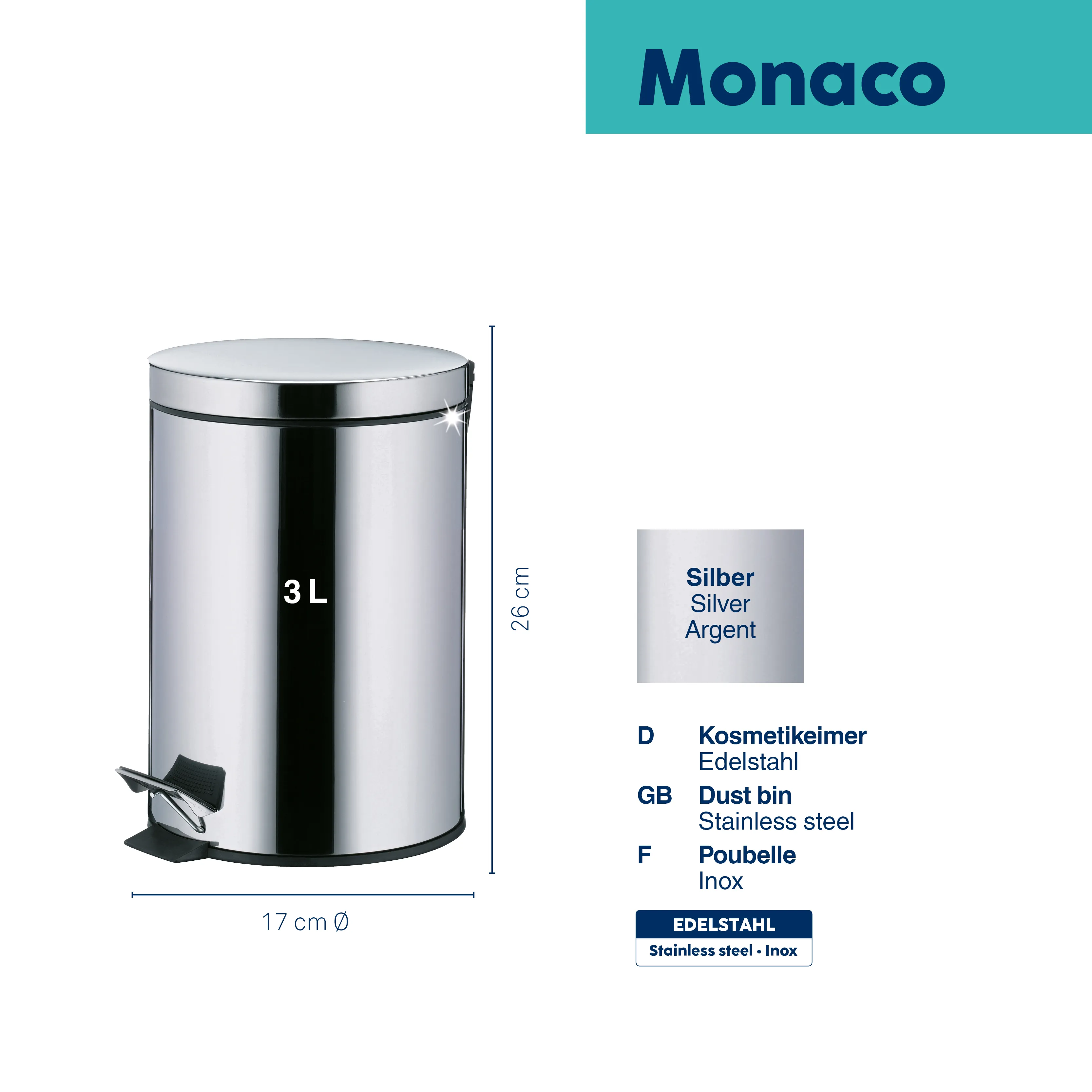 Monaco Kosmetikeimer 3L aus Edelstahl in Silber, 26 cm hoch, 17 cm Durchmesser, mit Fußpedal