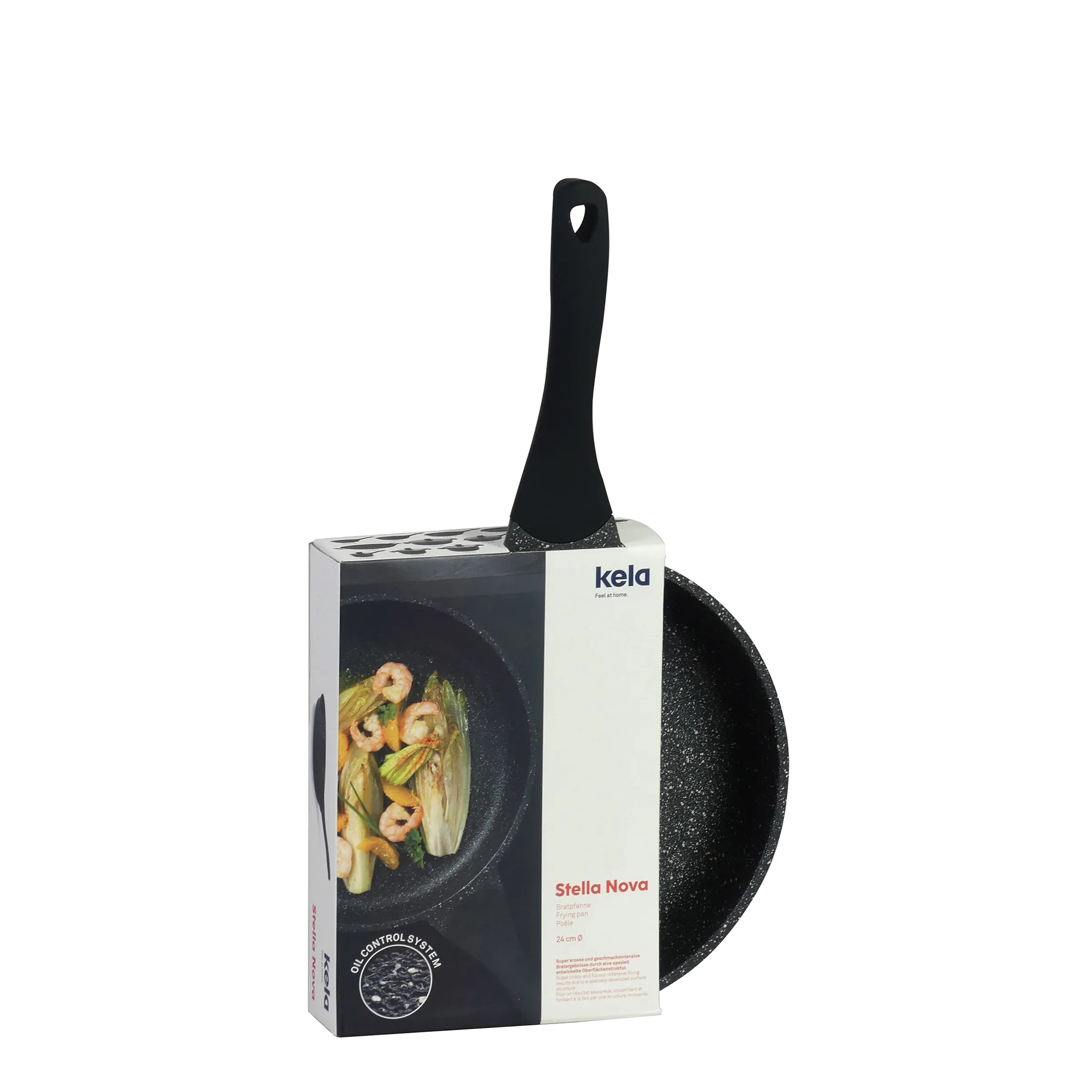Kela Stella Nova Bratpfanne 24cm - Antihaft-Pfanne Schwarze Kela Stella Nova Bratpfanne mit Gemüse und Garnelen, Produktverpackung sichtbar