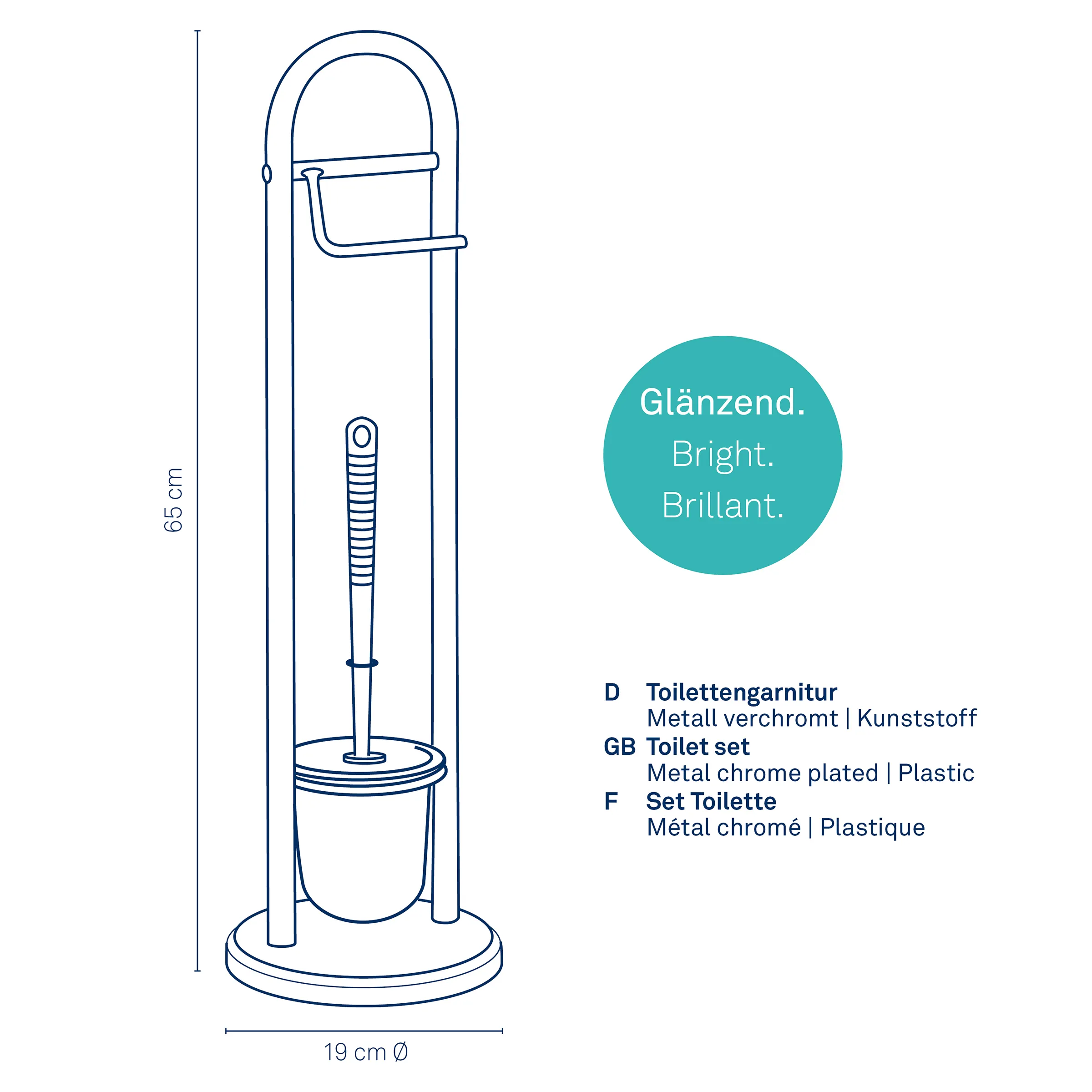 Toilettengarnitur Metall verchromt 65 cm mit Bürste Toilettengarnitur mit Bürste und Behälter, 65 cm hoch, verchromtes Metall mit Kunststoff, glänzend