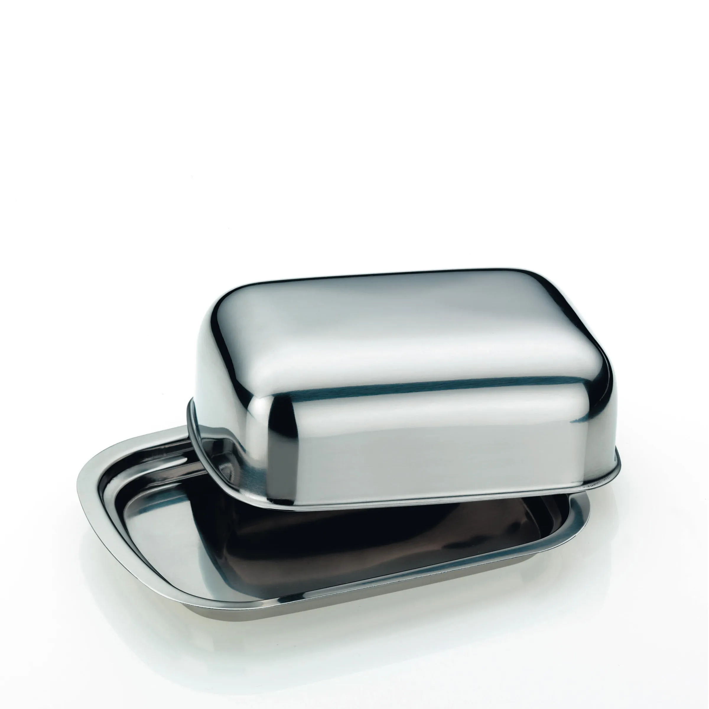 Edelstahl Butterdose mit Deckel - Butterschale mit Tablett Edelstahl Butterdose mit Deckel und Tablett auf weißem Hintergrund