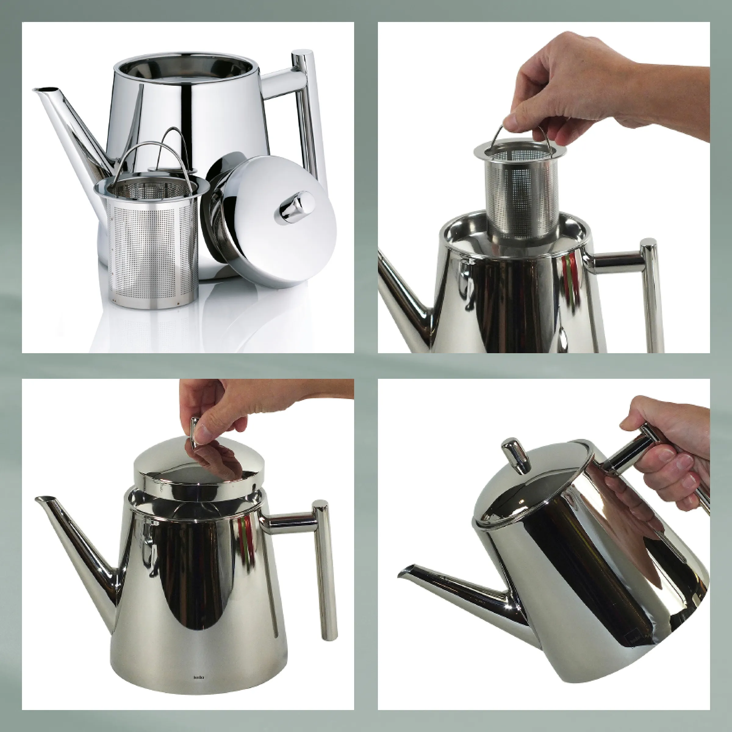 Edelstahl Teekanne mit Teefilter Edelstahl-Teekanne mit abnehmbarem Teefilter und Deckel in verschiedenen Ansichten und Nutzungsszenarien