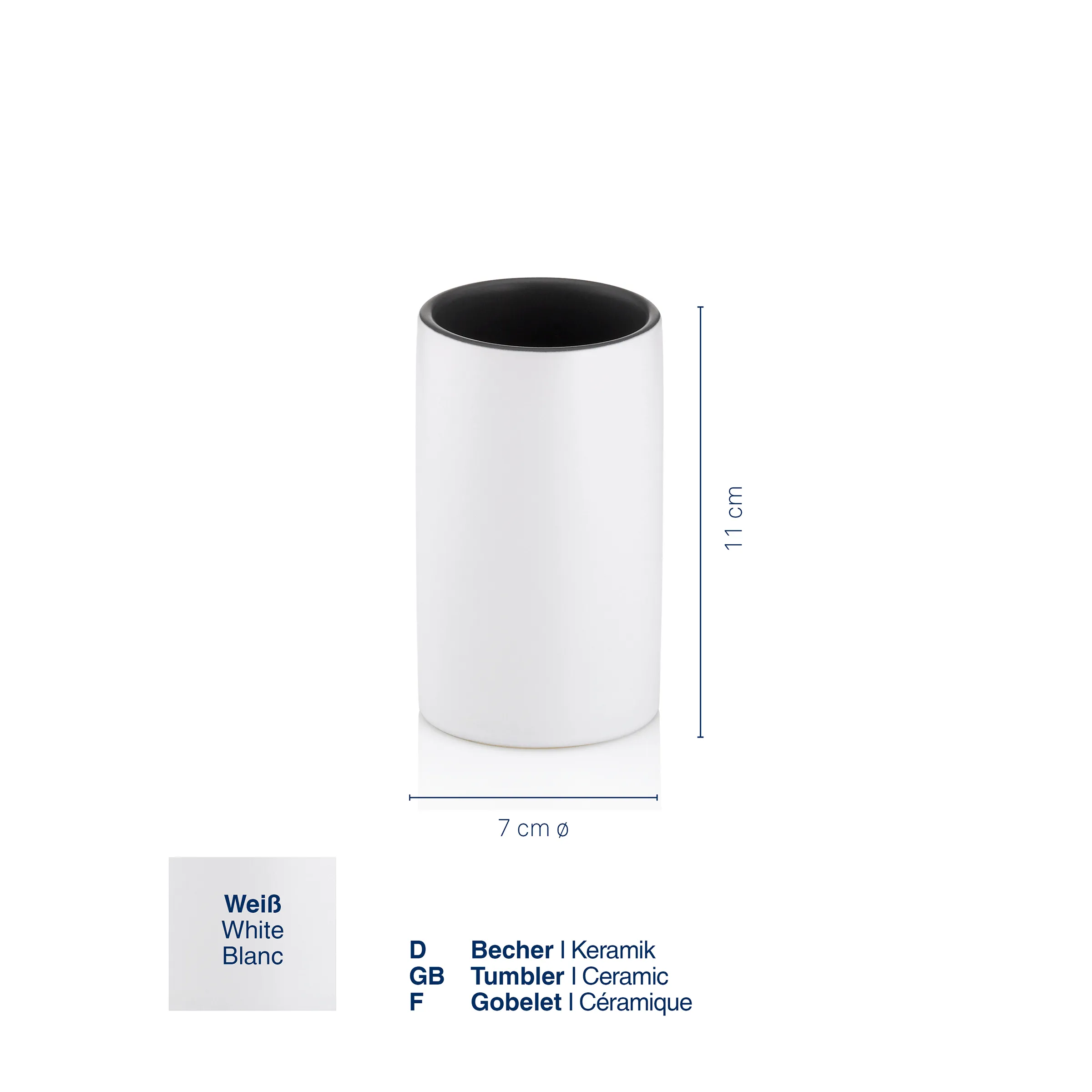 Weißer keramischer Becher mit schwarzem Rand, 7 cm Durchmesser und 11 cm Höhe