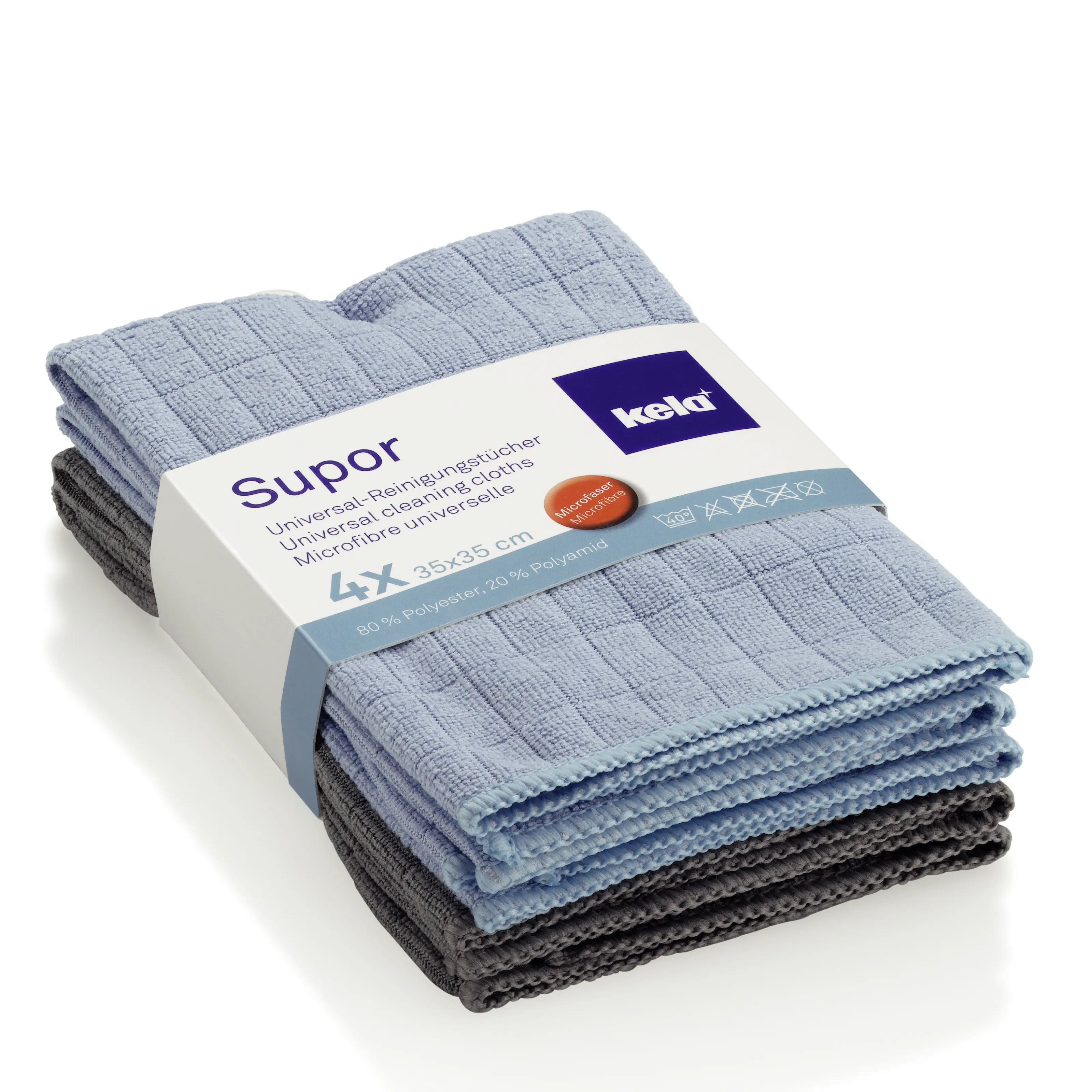 Supor Universal-Reinigungstücher Mikrofaser 4er-Set - Kelti Putztücher 35x35 cm Supor Universal-Reinigungstücher von Kelti, 4er-Set in Blau und Grau aus Mikrofaser, 35x35 cm, in Verpackung