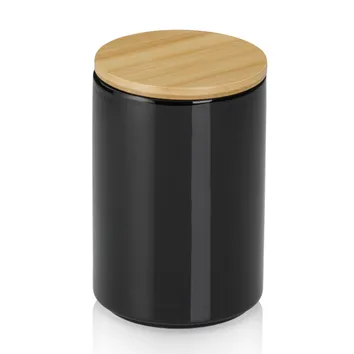 Schwarze Keramik-Vorratsdose mit Holzdeckel, zylindrische Form, modernes Design für Küche.