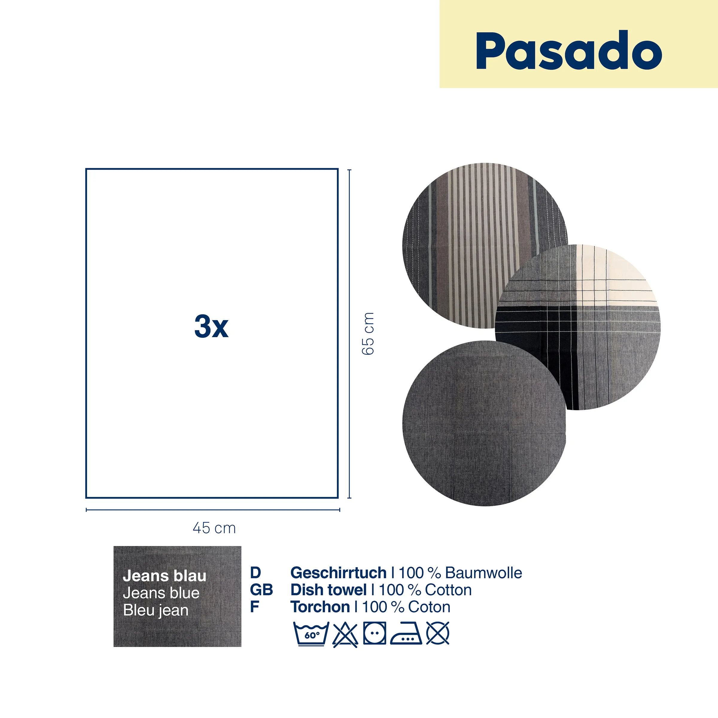 Jeans Blau Geschirrtuch 100% Baumwolle 45x65 cm Produktabbildung eines blauen Jeans-Geschirrtuchs mit Maßen 45x65 cm und drei Anwendungsbeispielen als Kreise