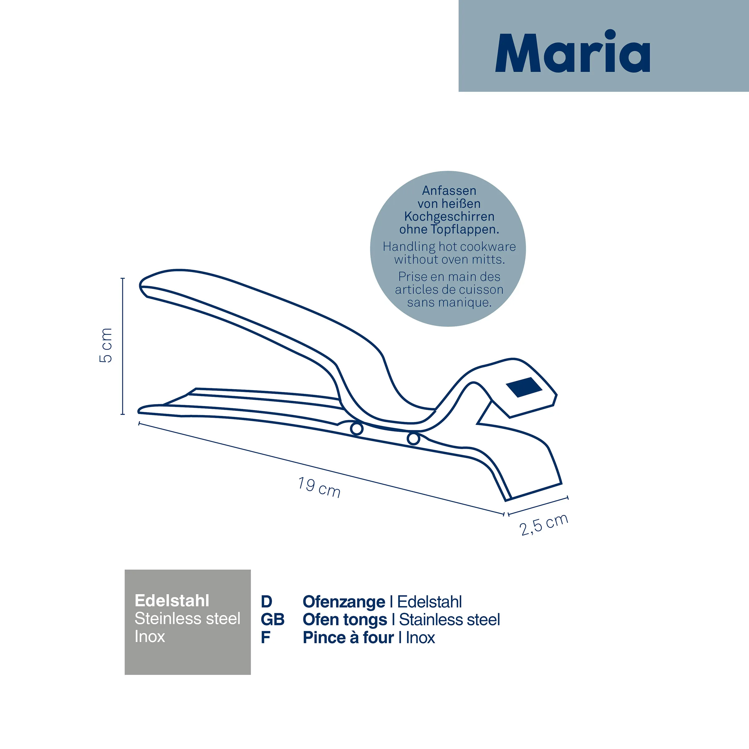 Maria Ofenzange Edelstahl – Kochgeschirr ohne Topflappen greifen Maria Ofenzange aus Edelstahl, 19 cm lang, 5 cm hoch, 2,5 cm tief, mit Maßangaben und Produktinformationen