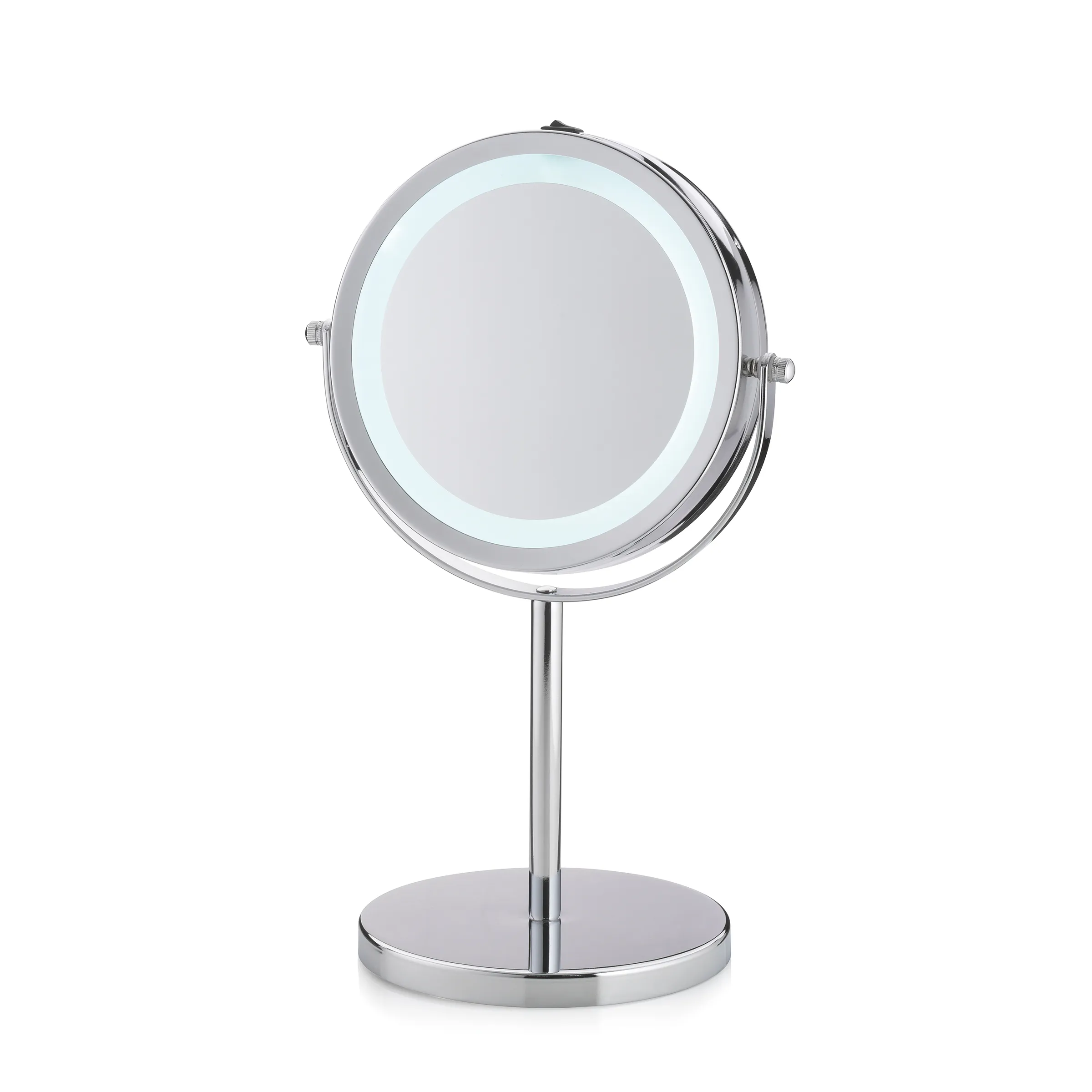 Beleuchteter Kosmetikspiegel LED-Standspiegel Chrom Schminkspiegel Beleuchteter Kosmetikspiegel mit LED-Lichtring auf Standfuß, verchromtes Metall, doppelseitig schwenkbar
