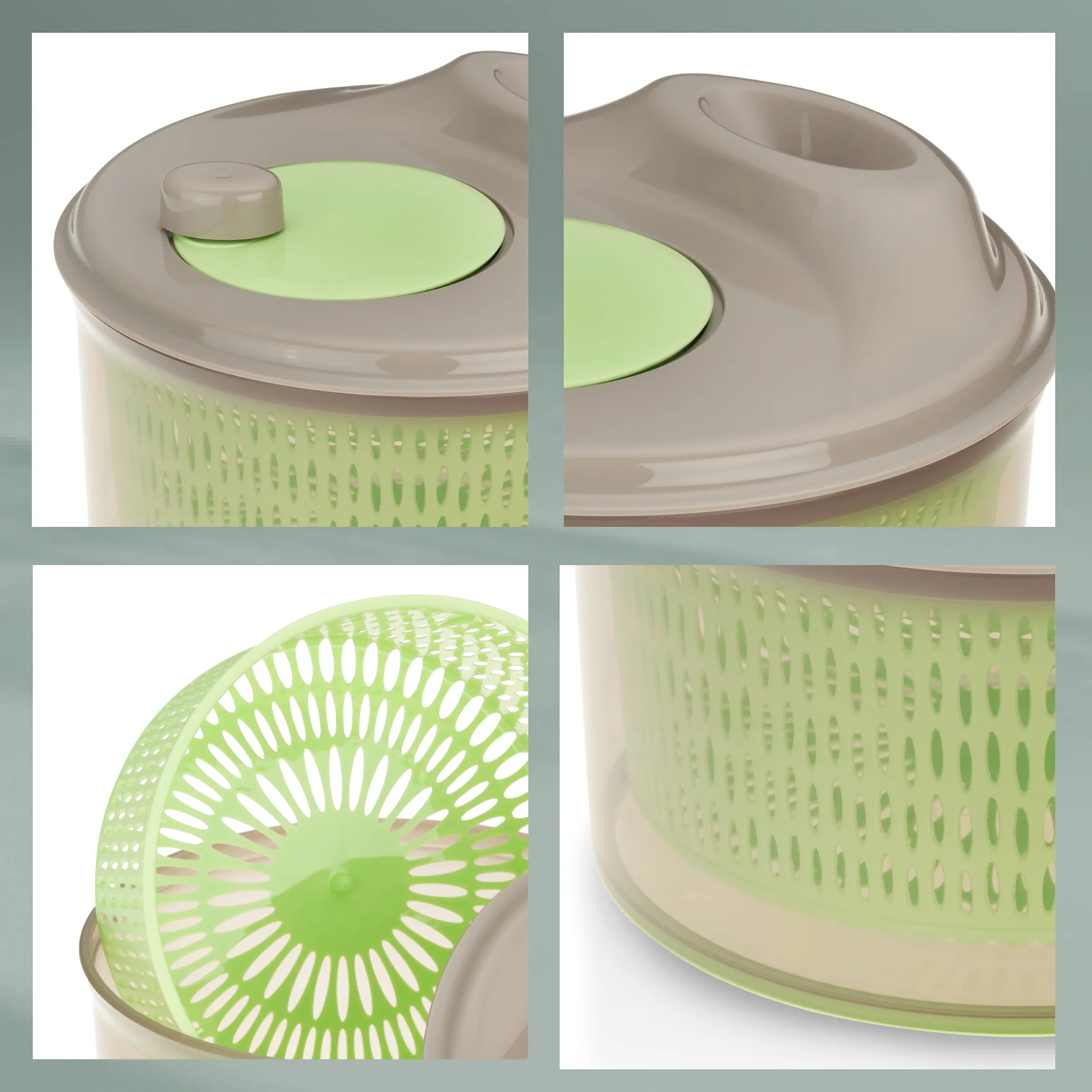 Salat-Spinner Salatschleuder Kunststoff Grün Salat-Spinner aus Kunststoff in Beige und Grün mit verschiedenen Ansichten und abnehmbarem Korb