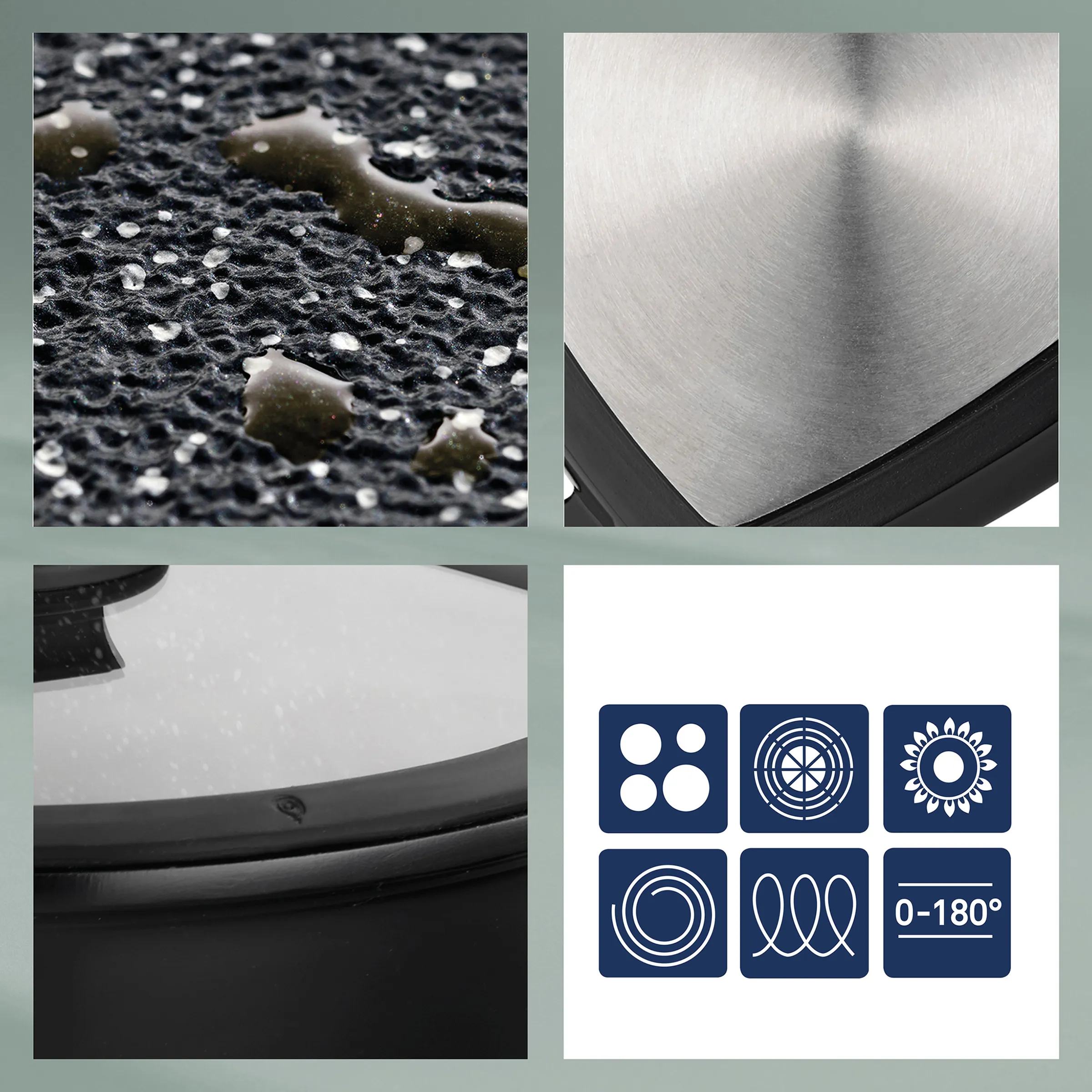 Technische Oberflächentextur und Produktfunktionen Symbole Produktdetails einer technischen Oberfläche mit Texturmuster, metallischer Oberfläche und Funktionssymbolen wie Sonne und Winkel