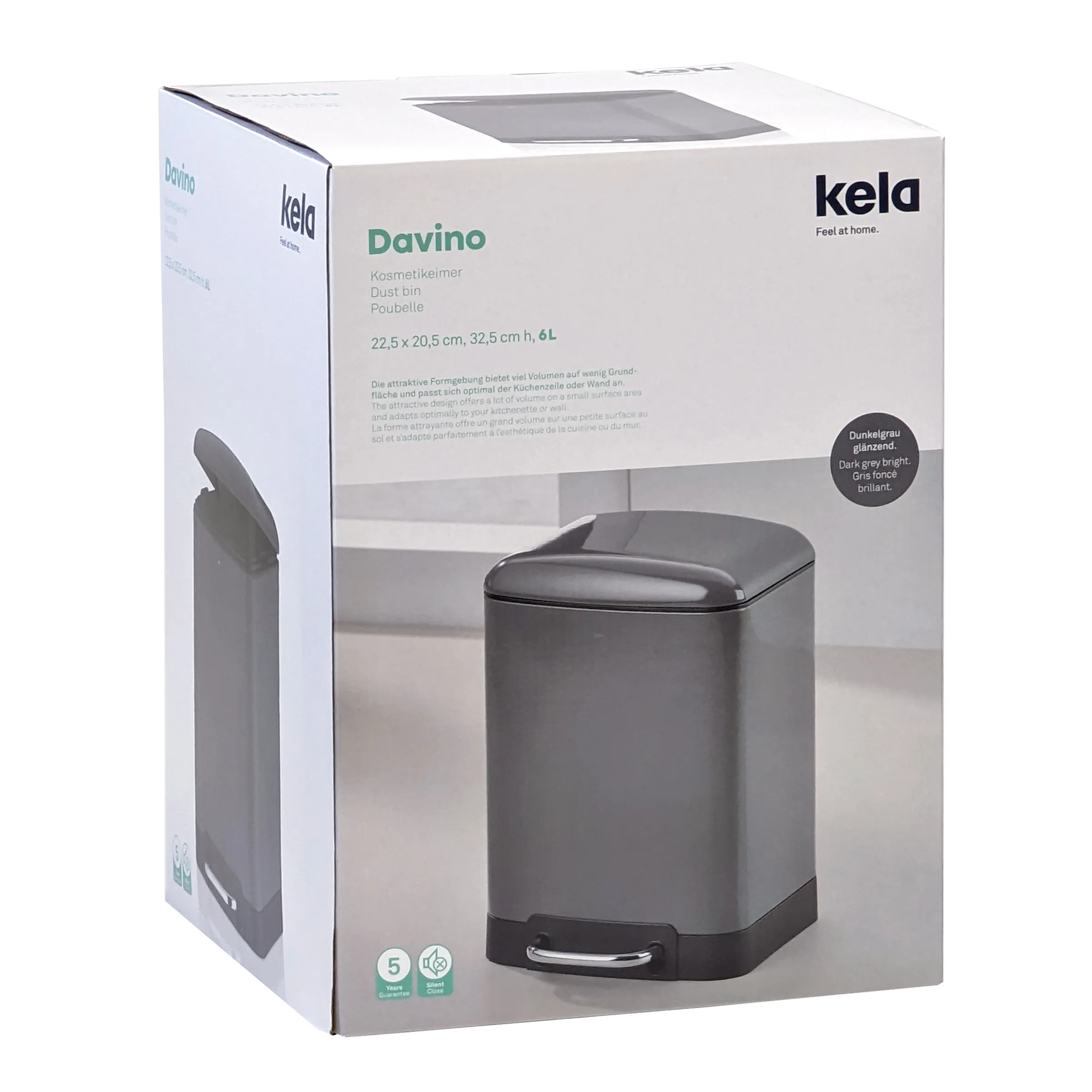 Kela Davino Kosmetikeimer 6L Treteimer dunkelgrau glänzend Mülleimer Bad Kela Davino Kosmetikeimer 6L in Dunkelgrau glänzend mit Treteimer-Funktion und Deckel in Verpackung