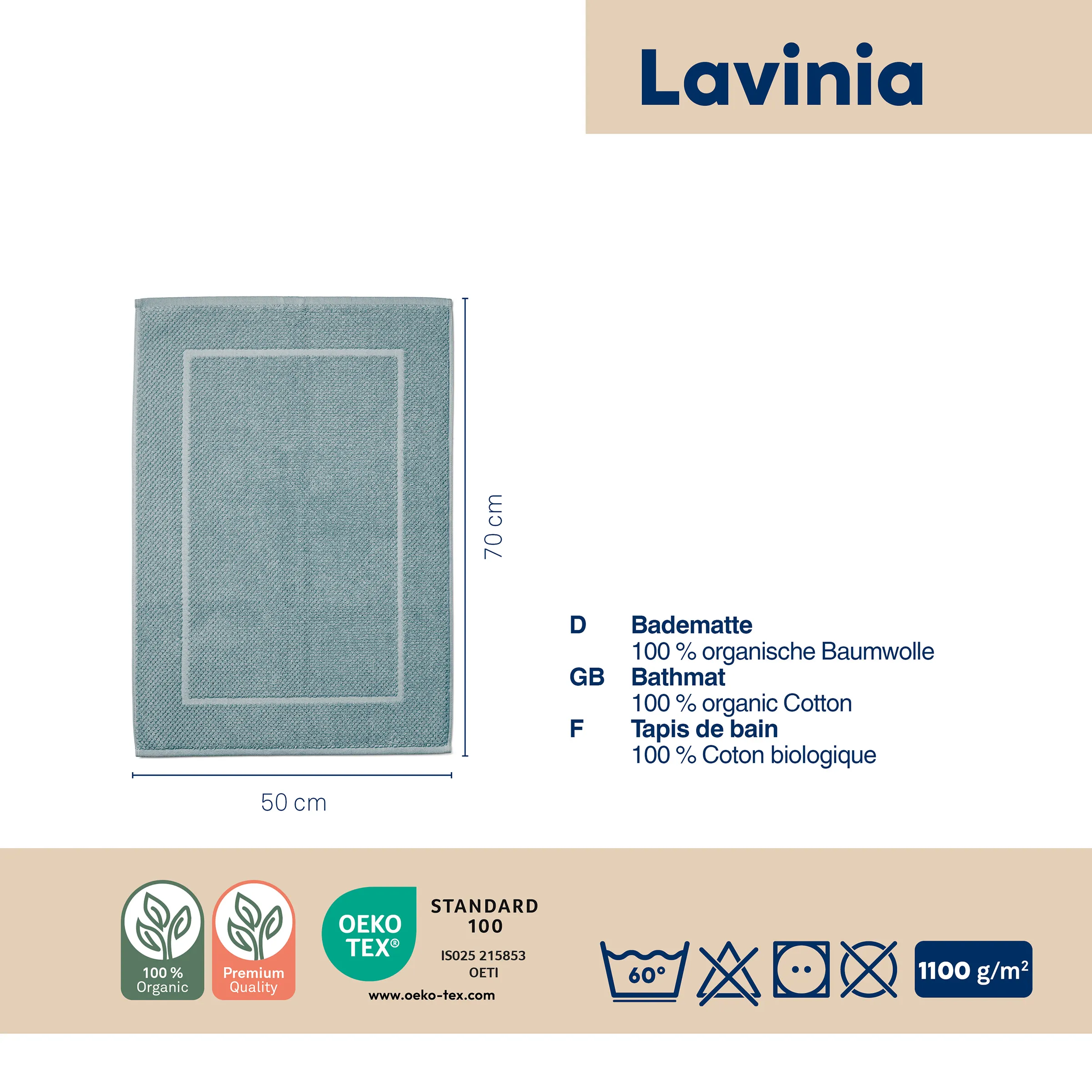 Lavinia Badematte Bio-Baumwolle 50x70 cm Lavinia Badematte aus 100% organischer Baumwolle, 50x70 cm, hellblaugrün mit Bordüreneinfassung