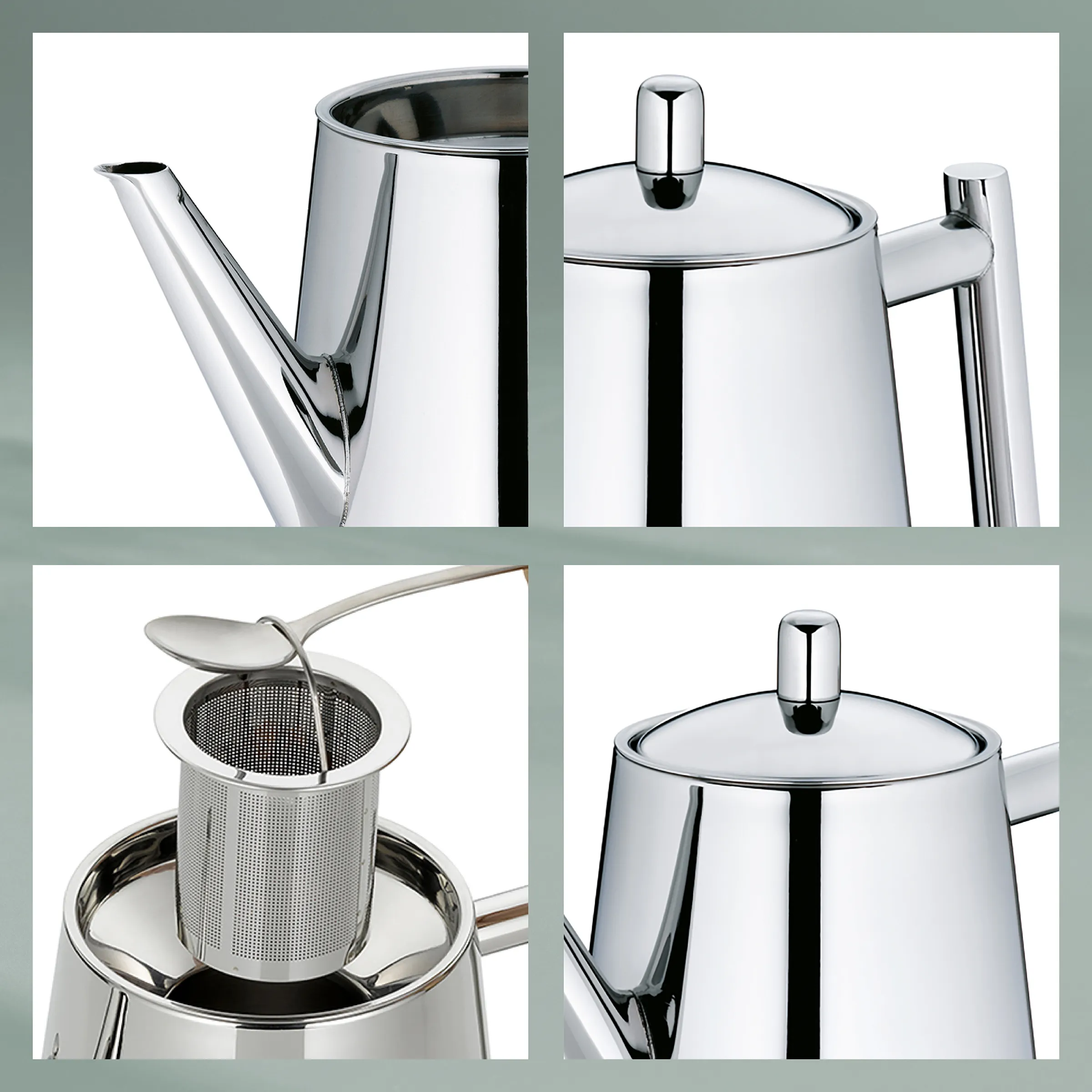 Edelstahl Teekanne mit integriertem Teesieb - Moderne Teezubereitung Edelstahl Teekanne mit Teesieb, polierte Oberfläche, Details von Ausguss, Deckel, Griff und Filtersieb