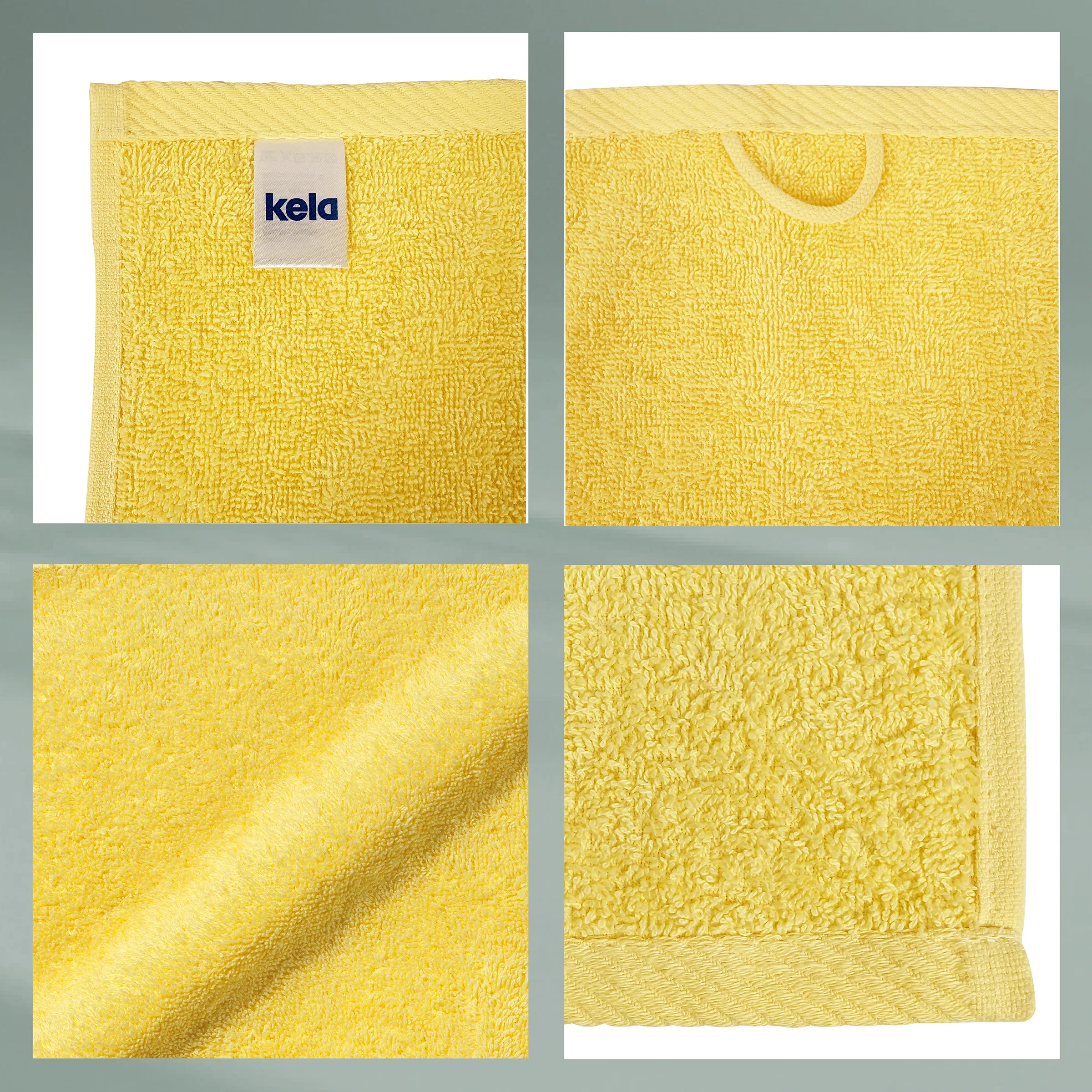 Gelbes Handtuch kela - Premium Badtuch aus Baumwolle Gelbes Handtuch der Marke kela mit Etikett, gezeigt von vorne und hinten sowie Detailaufnahmen der Textur