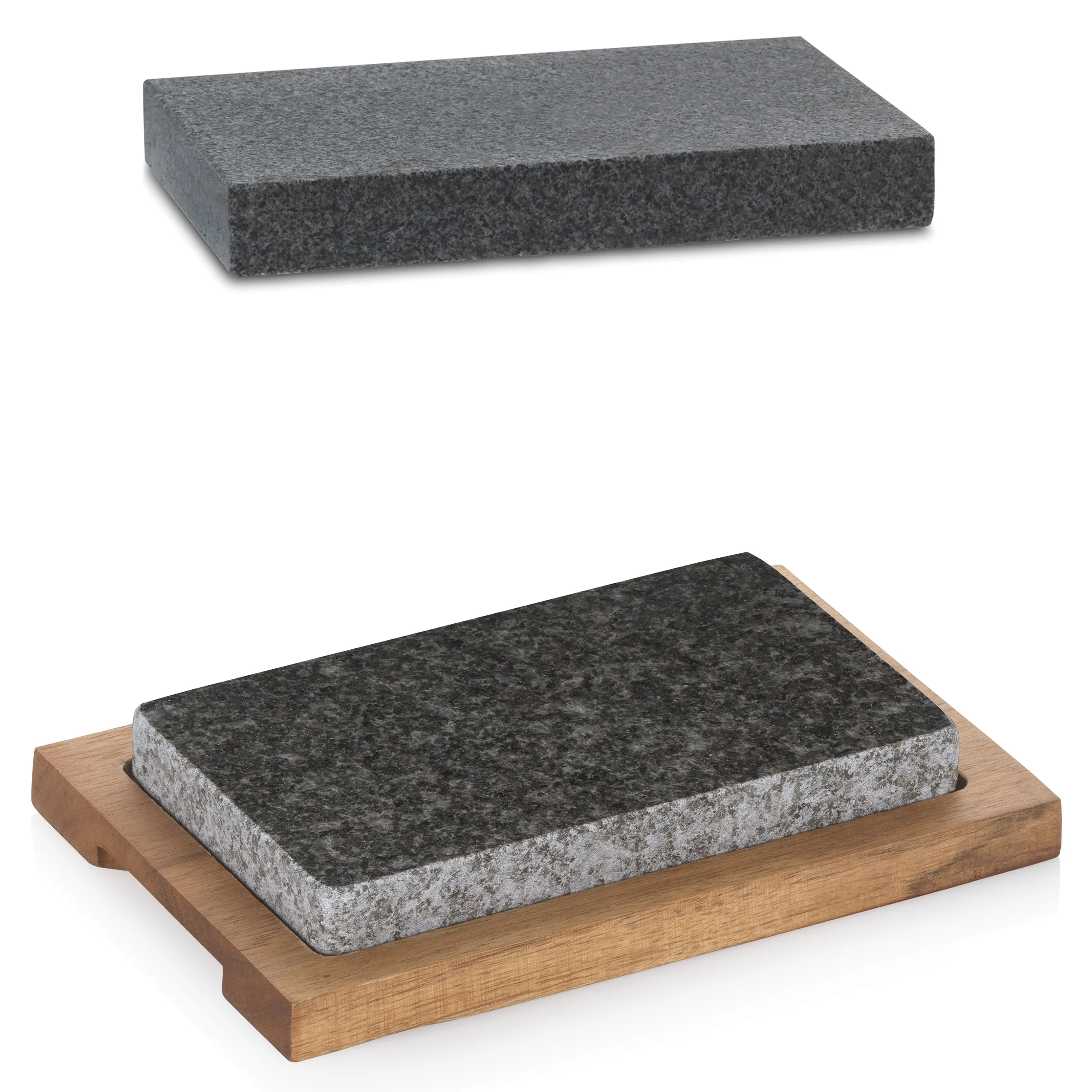 Pierre à Griller en Granit avec Planche en Bois - Plateau Hot Stone Pierre à griller en granit sur planche en bois, montrée seule et sur plateau de service