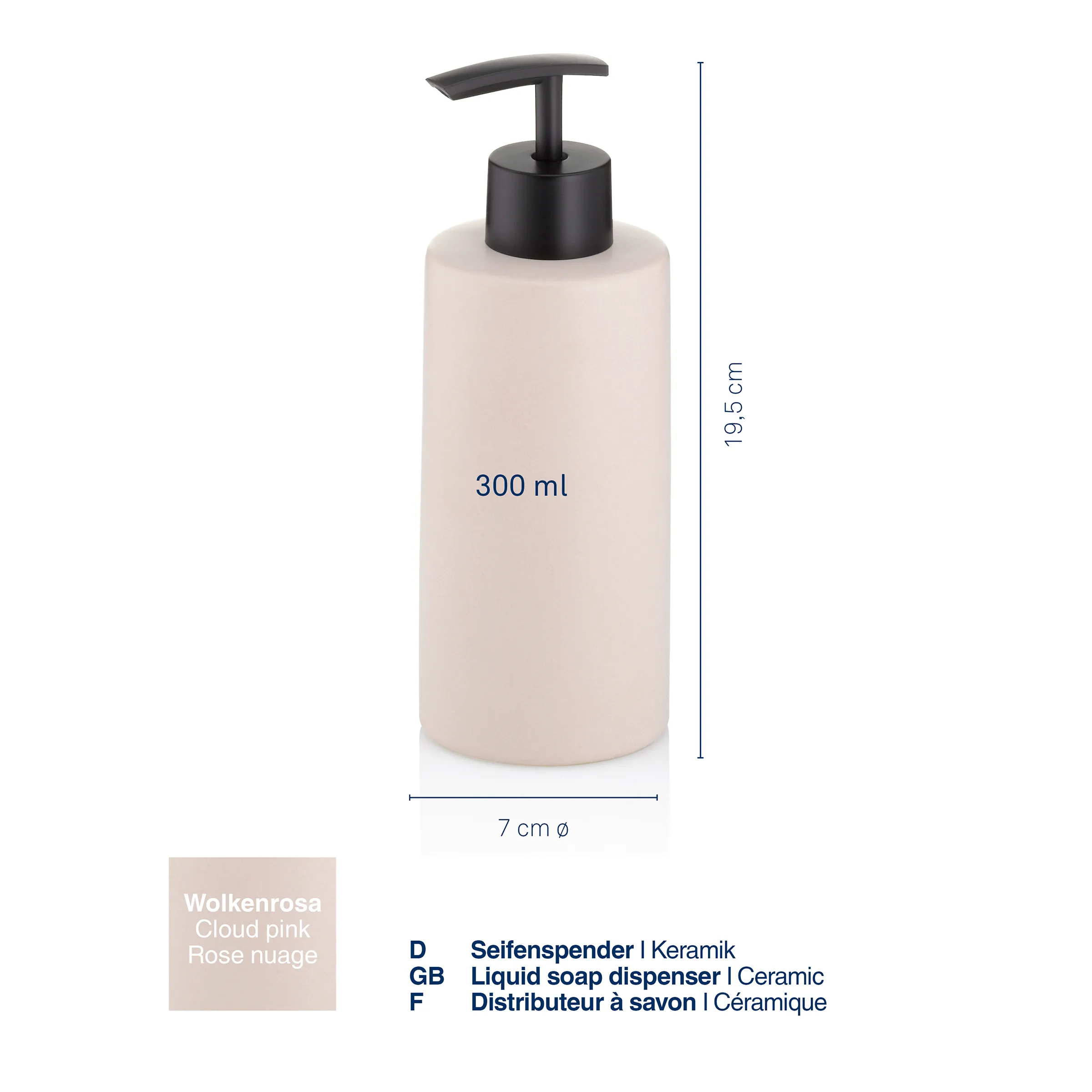 Seifenspender Keramik Wolkenrosa 300ml - Badezimmer Spender mit Pumpe Wolkenrosa Keramik Seifenspender 300 ml, 19,5 cm hoch, 7 cm Durchmesser mit schwarzer Pumpe