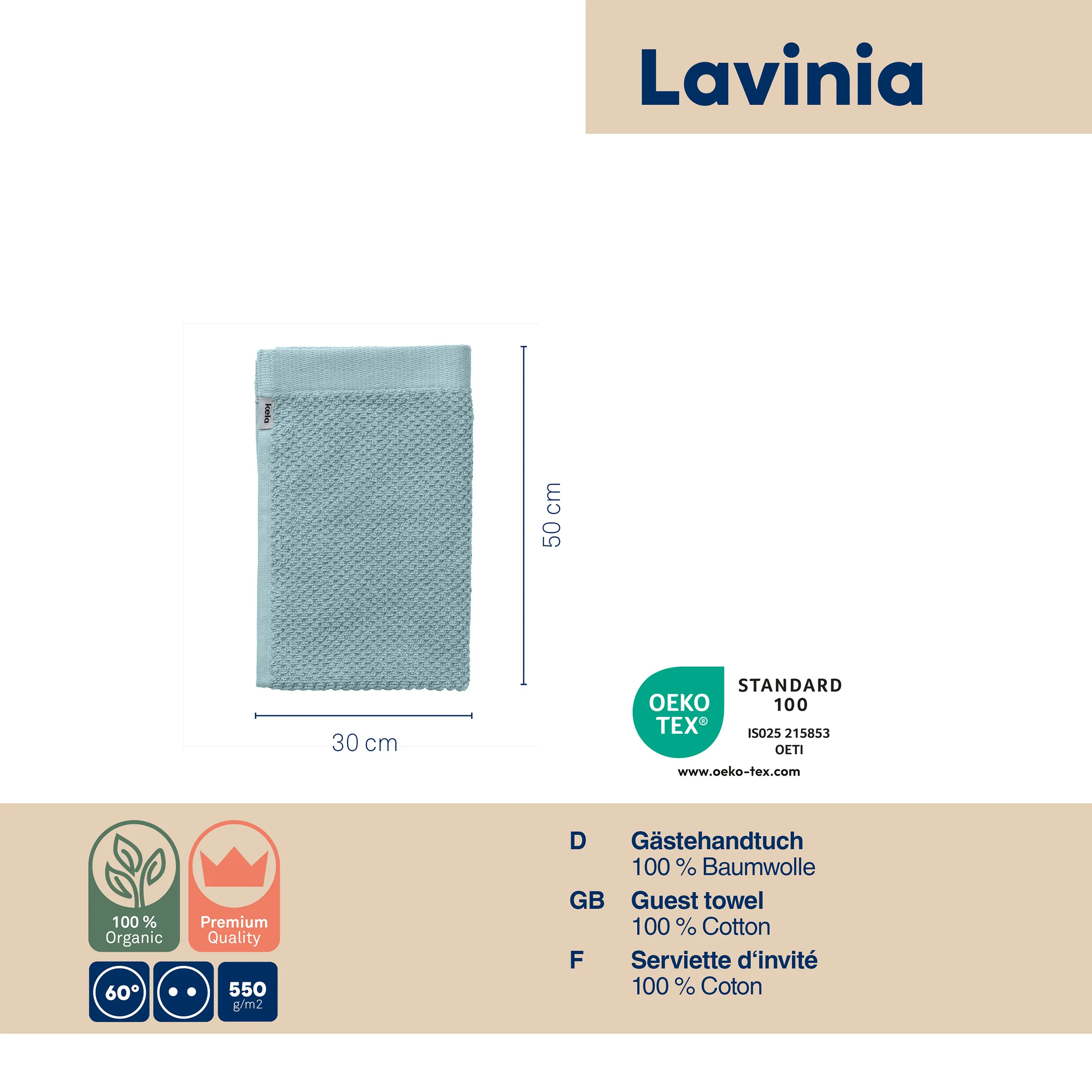 Lavinia Gästehandtuch Baumwolle 30x50cm Lavinia Gästehandtuch aus 100% Baumwolle in Blaugrün, 30x50cm, mit OEKO-TEX Standard 100 Zertifizierung