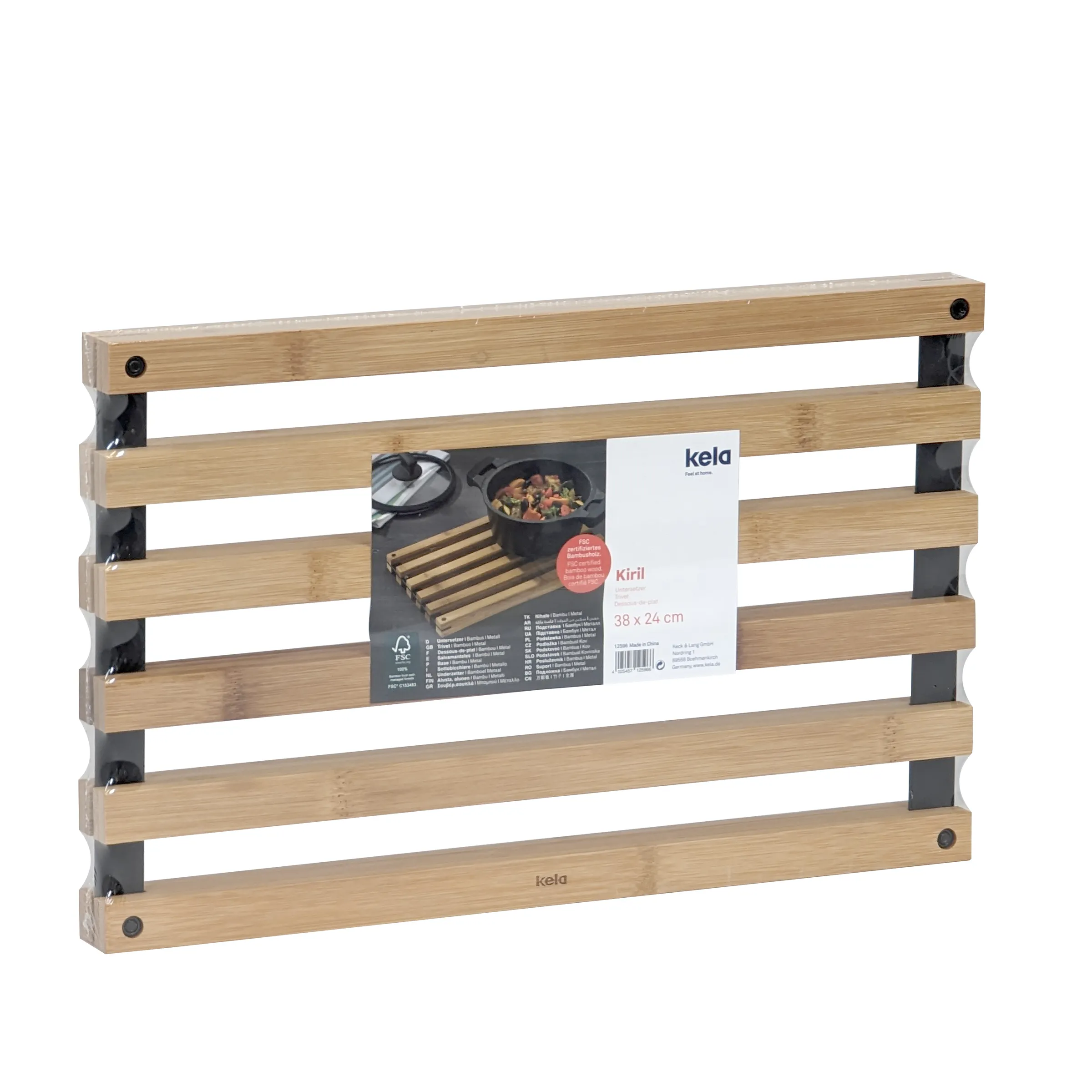 Kela Kiril Bambus Topfuntersetzer Leiterdesign 38x24 cm Kela Kiril Topfuntersetzer aus Bambus in Leiteroptik mit schwarzen Metallhaltern, 38 x 24 cm, mit Produktverpackung