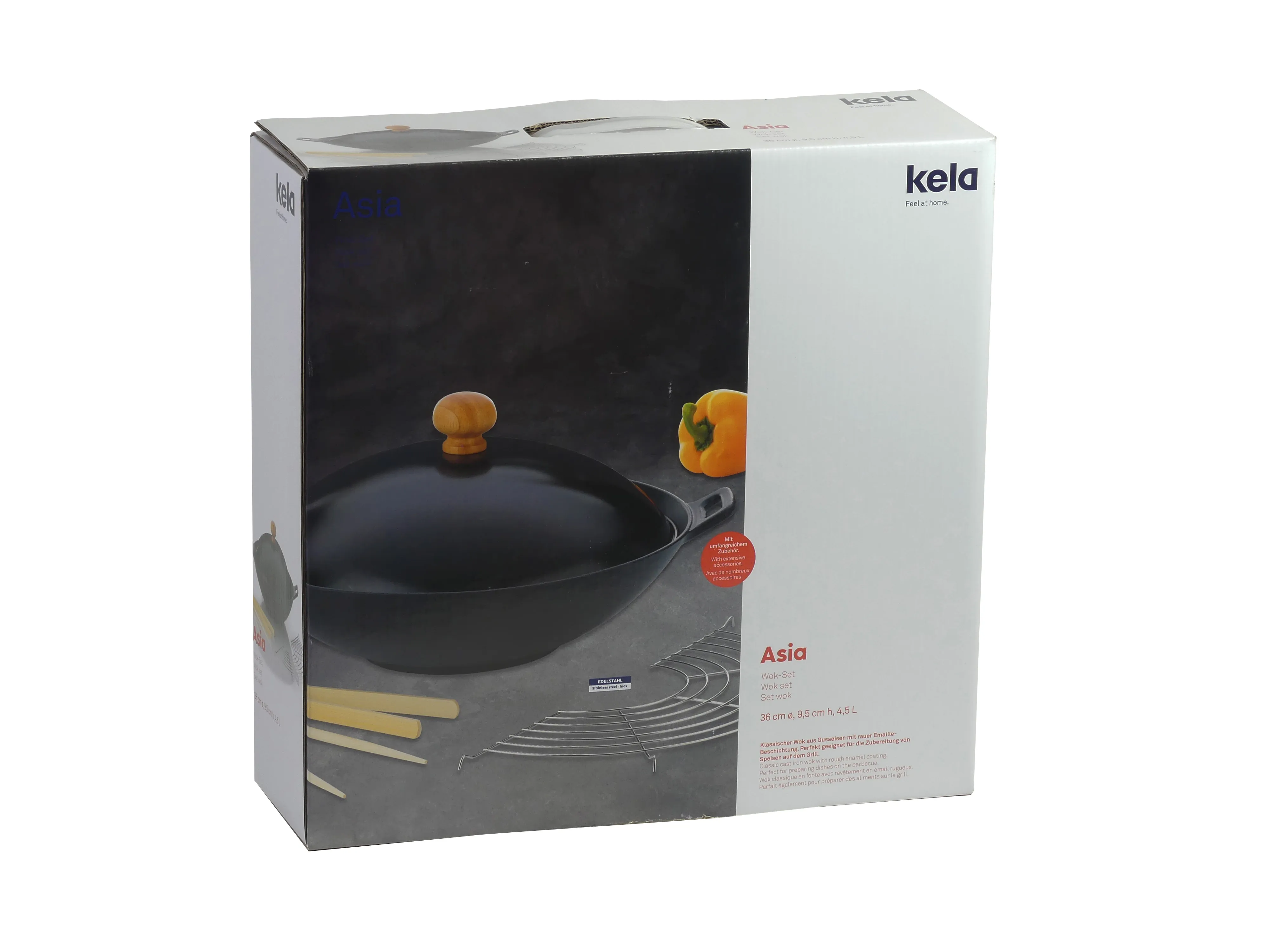 Kela Asia Wok-Set 38 cm Ø - Schwarzer Wok mit Holzdeckel und Zubehör Kela Asia Wok-Set in schwarzer Farbe mit Holzdeckel und Besteck in Originalverpackung. 38 cm Durchmesser, 4,5 Liter.