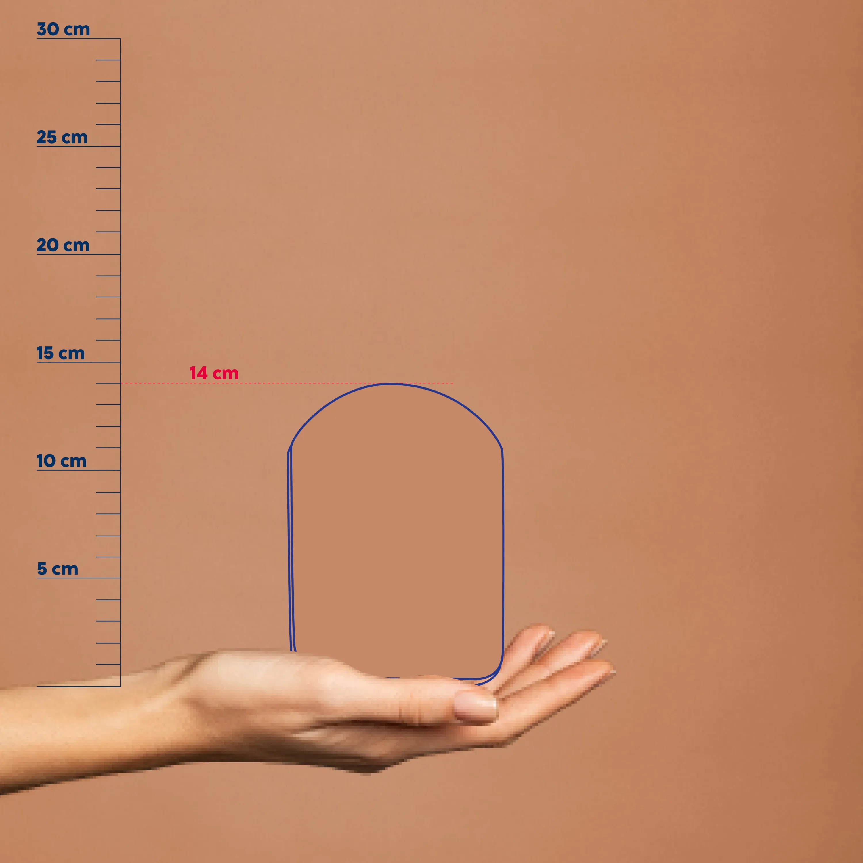 Storage Container with Lid - Convenient Size Hand holding rounded container with measurement scale showing 14 cm width and approximately 15 cm height.