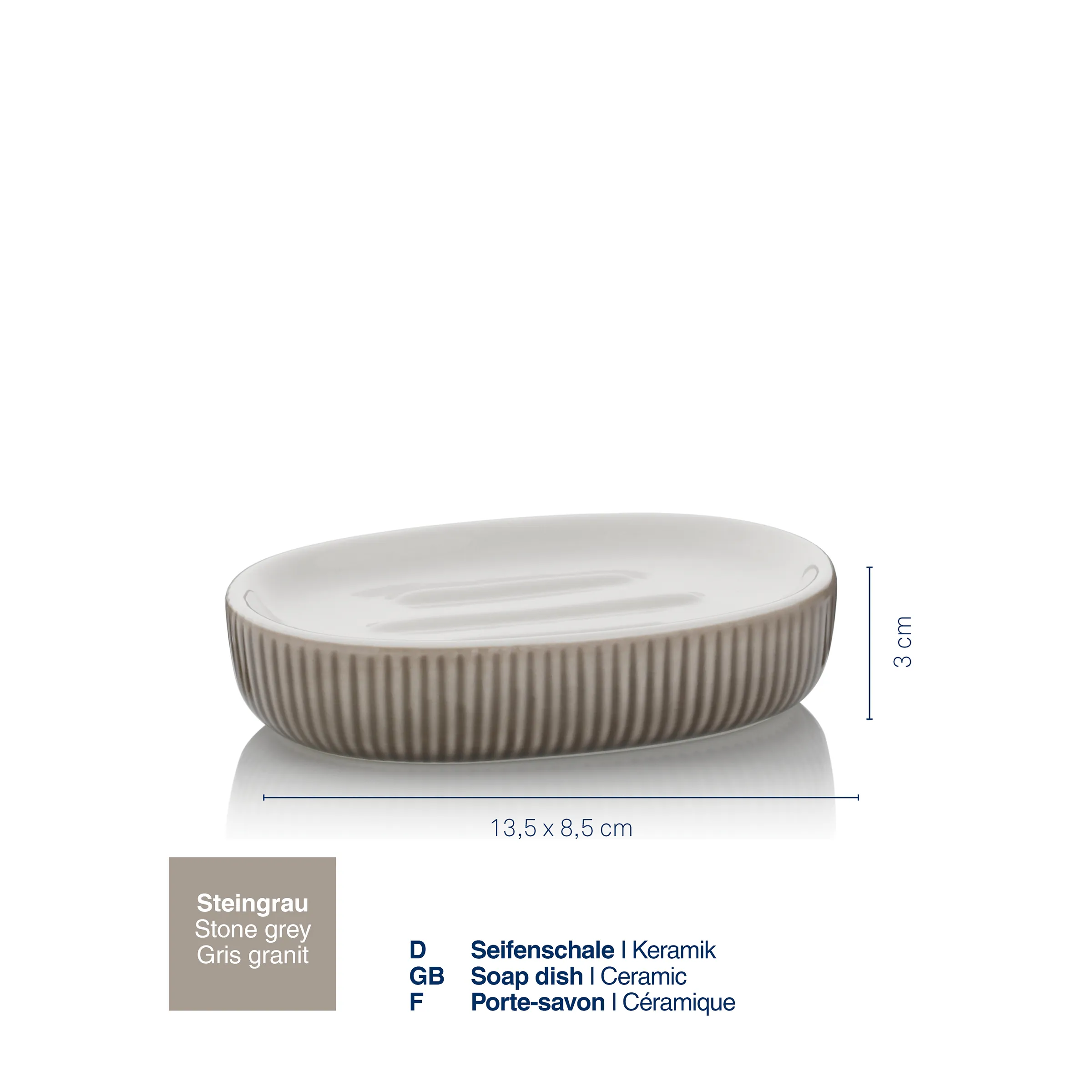 Seifenschale Keramik Steingrau - modernes Design Grau gerillte Seifenschale aus Keramik, oval, 13,5 x 8,5 cm, 3 cm hoch