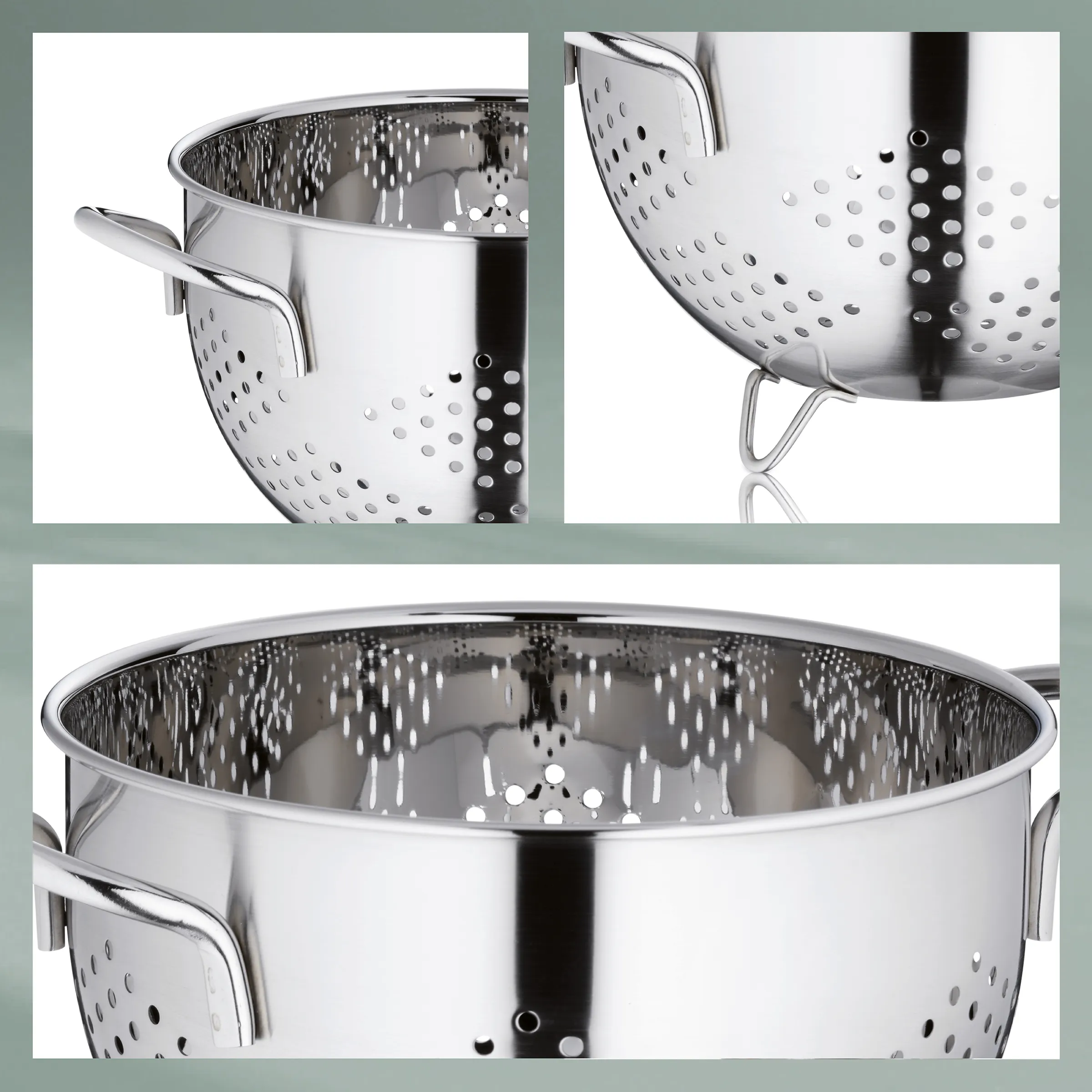 Kochsieb Edelstahl mit großer Schüssel Edelstahl-Kochsieb mit großer Schüssel und ergonomischen Griffen, perforierter Seitenwand und Innenansicht