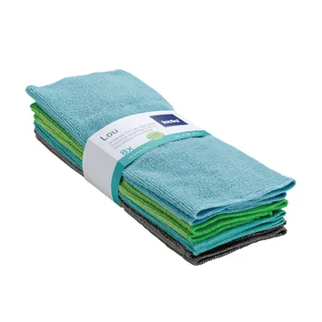 Packung mit 8 farbigen Mikrofasertüchern in Blau, Grün und Grau, mit weißem Etikett "Lou"