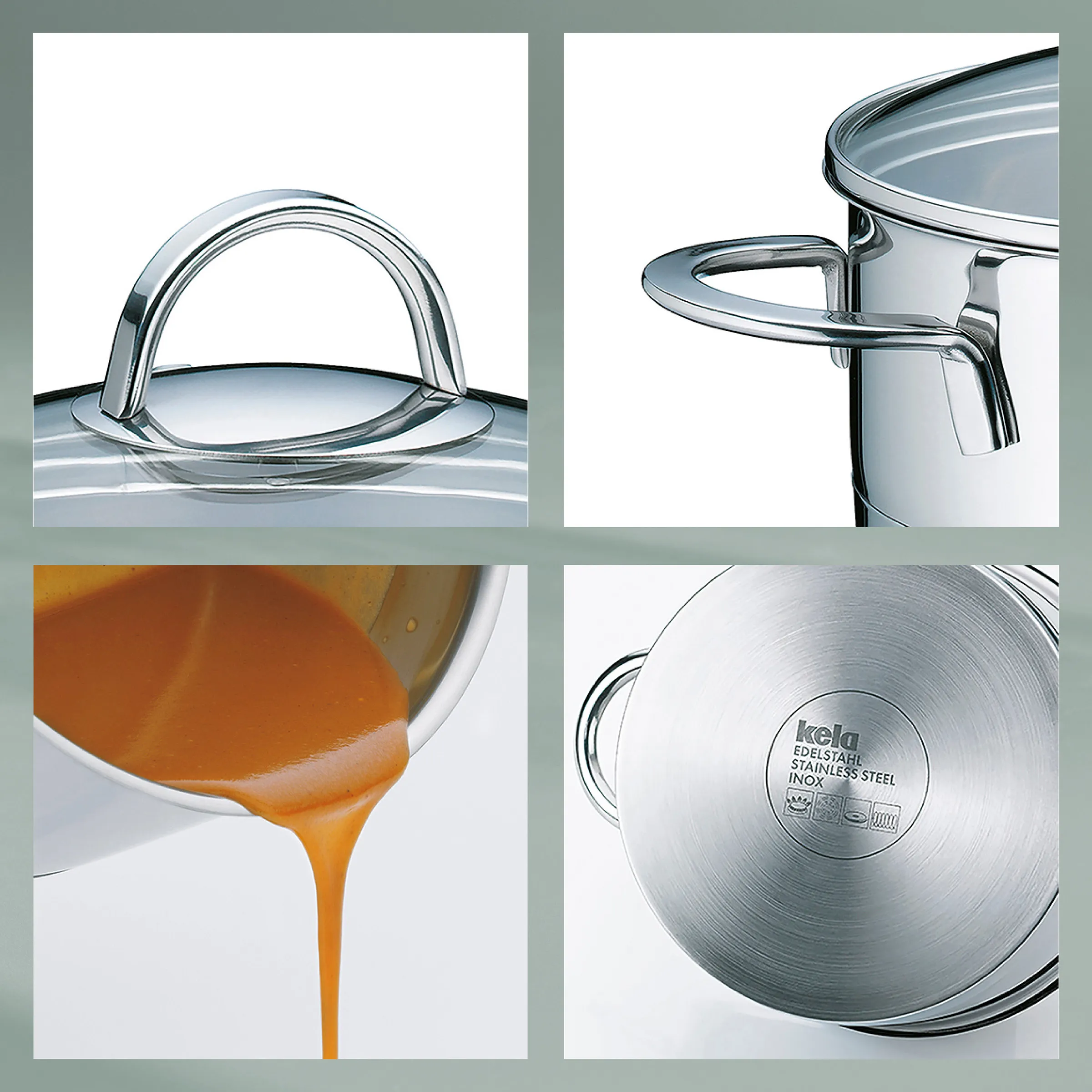 Kela Edelstahl-Kochtopf mit Glasdeckel - hochwertiges Kochgeschirr Kela Edelstahl-Kochtopf mit Glasdeckel, Griff und Ausgießer, Detailaufnahmen zeigen Deckelgriff, Ausgießer und Topfboden mit Logo