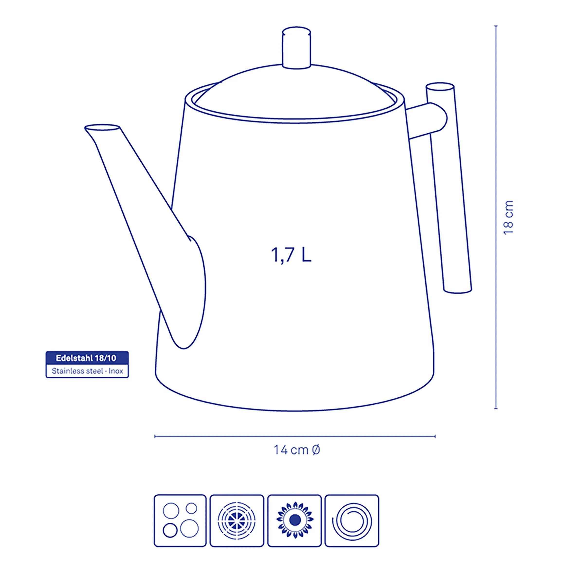 Edelstahl Teekessel 1,7 Liter - 18 cm Höhe, für alle Herdarten geeignet Edelstahl Teekessel 1,7 L mit Deckel, Ausguss und Griff, 18 cm hoch, 14 cm Durchmesser, für alle Herdarten