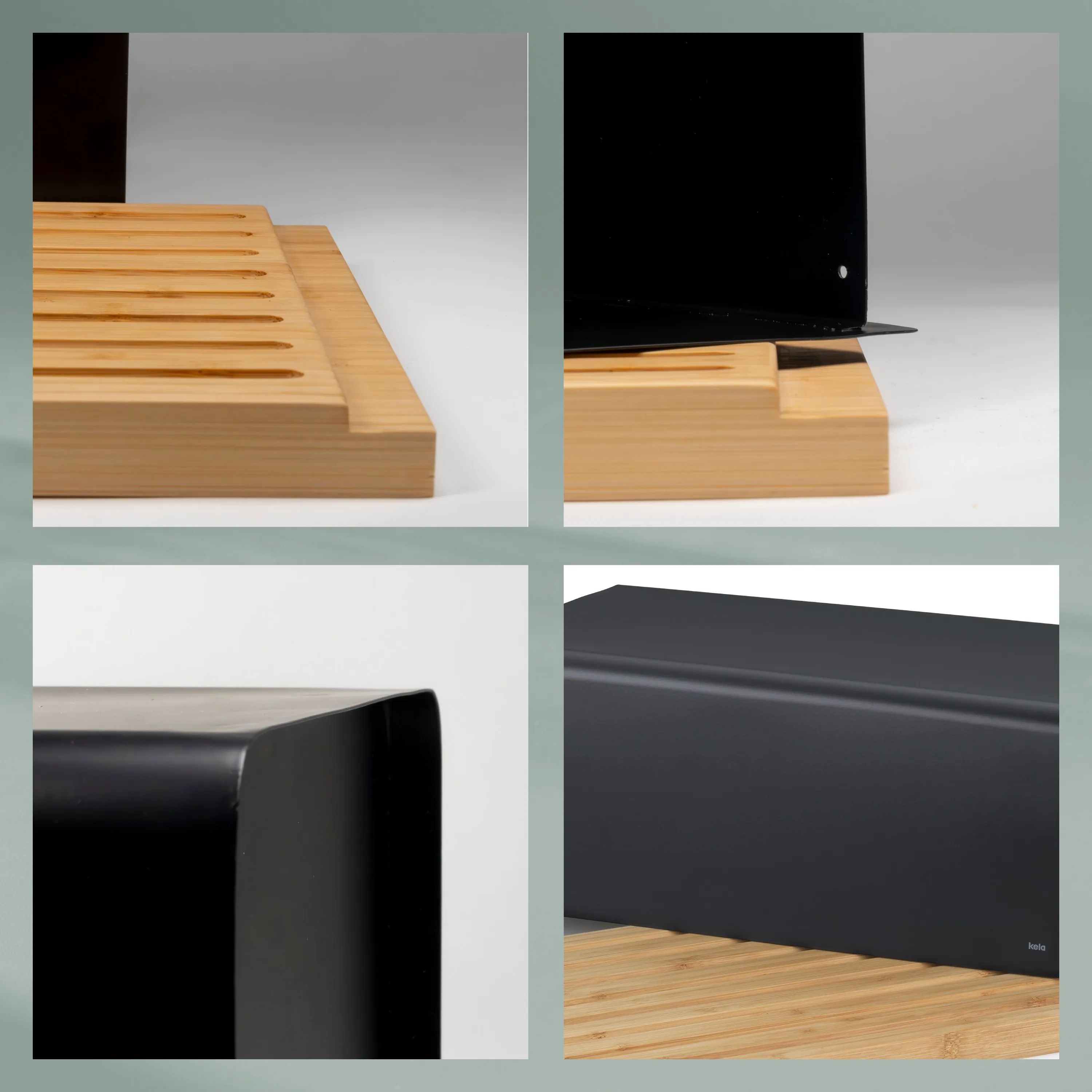 Holzfuß mit schwarzer Blende - Zubehör Holzfuß mit schwarzer Blende in verschiedenen Ansichten: Gesamtansicht, Montage, Eckendetail und Frontansicht