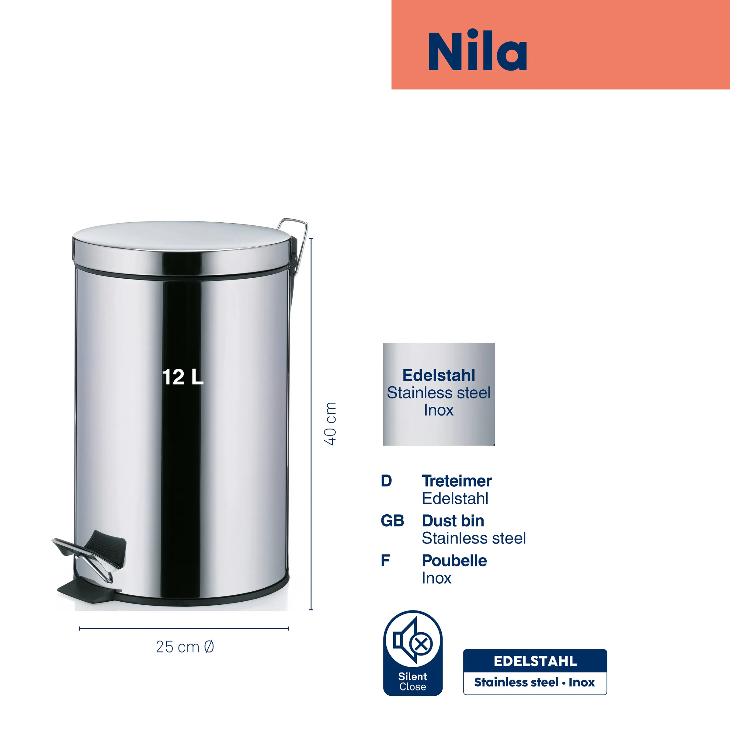 Nila Tretmülleimer 12L Edelstahl mit Silent Close Nila Edelstahl Tretmülleimer 12 Liter mit Silent-Close-Funktion, 40 cm Höhe und 25 cm Durchmesser