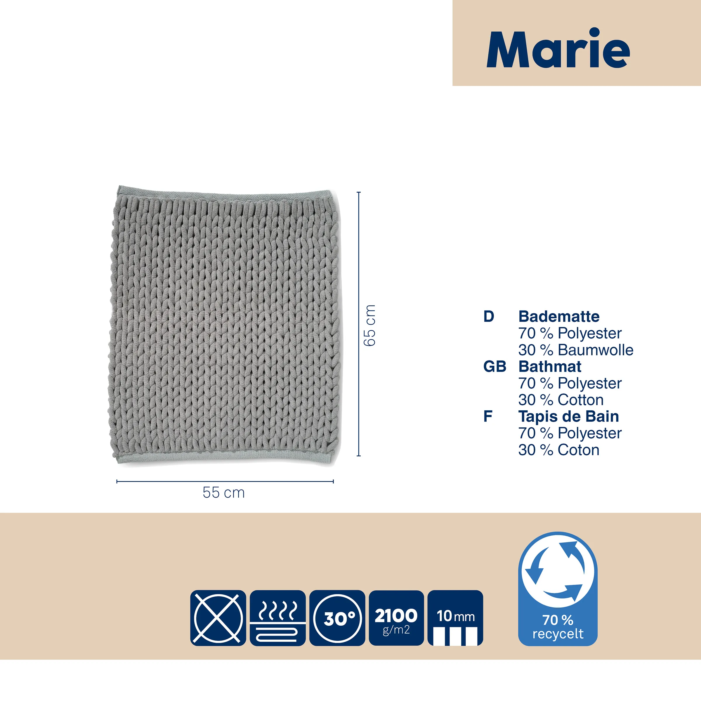 Marie Badematte grau 55x65 cm Badezimmermatte Graue Badematte Marie mit strukturiertem Muster, Maße 55 x 65 cm, aus 70% Polyester und 30% Baumwolle