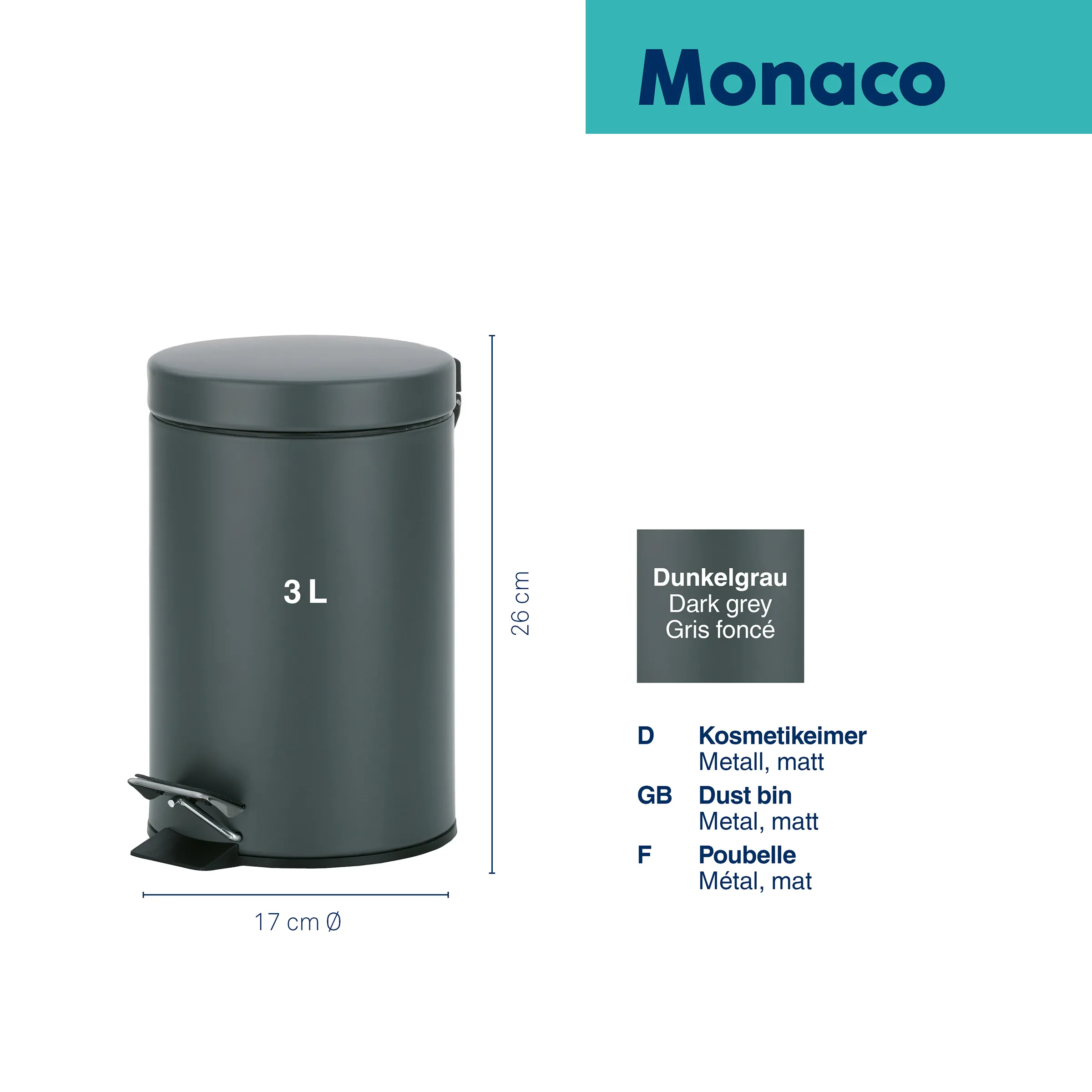 Monaco Kosmetikeimer 3L Dunkelgrau matt Metall Treteimer Badezimmer Monaco Kosmetikeimer 3L in Dunkelgrau, rund, matt Metall, 26 cm hoch, 17 cm Durchmesser, mit Tretfunktion