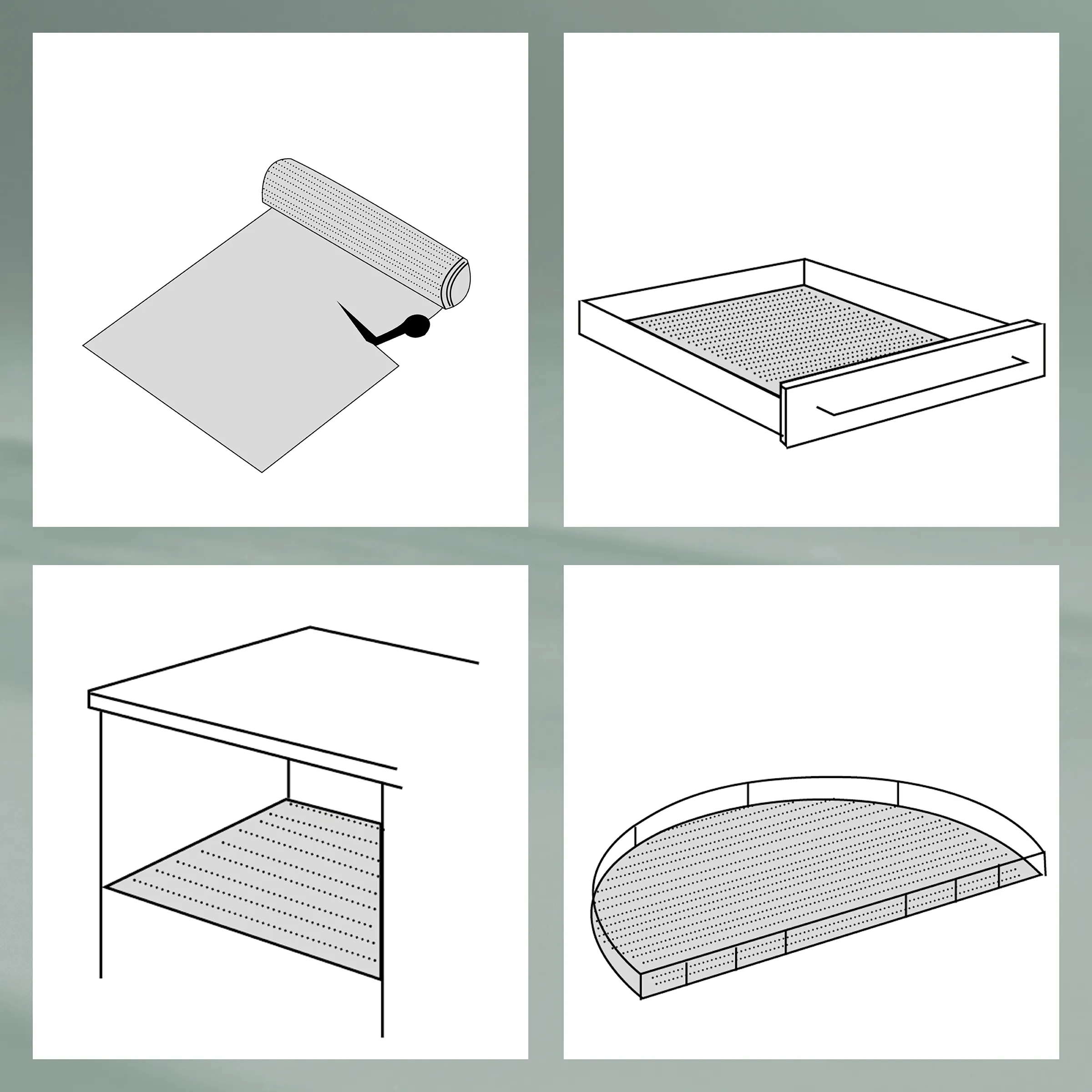 Matratzentypen und Matratzenkerne im Überblick Vier Darstellungen von Matratzenkern: Rollenmatratzenkern, Boxspringbett-Kern, Lattenrostbett und gewölbter Matratzenkern mit Schichten.