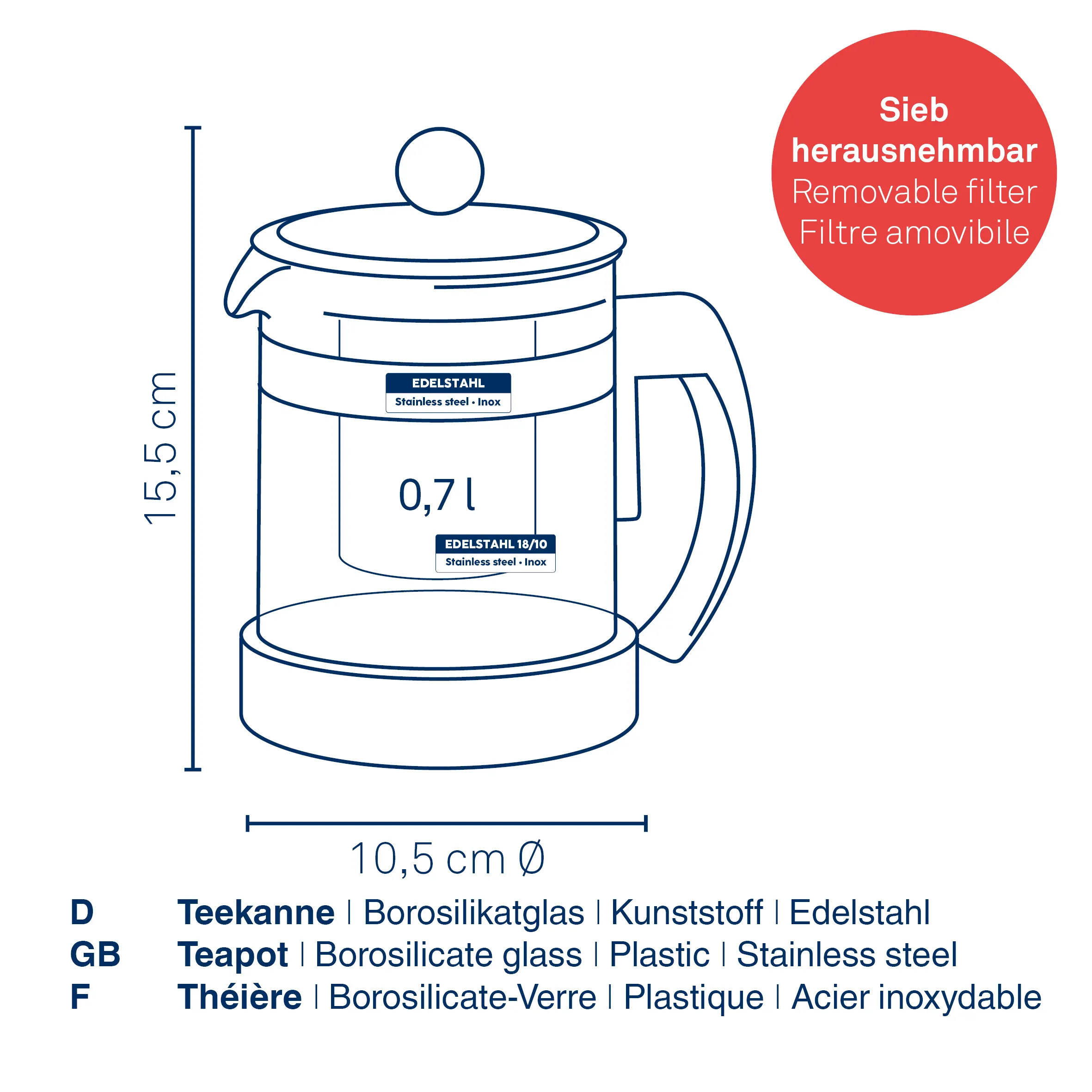 Technische Zeichnung einer Teekanne aus Borosilikatglas mit herausnehmbarem Sieb, 0,7 l, Edelstahl, 15,5 cm hoch