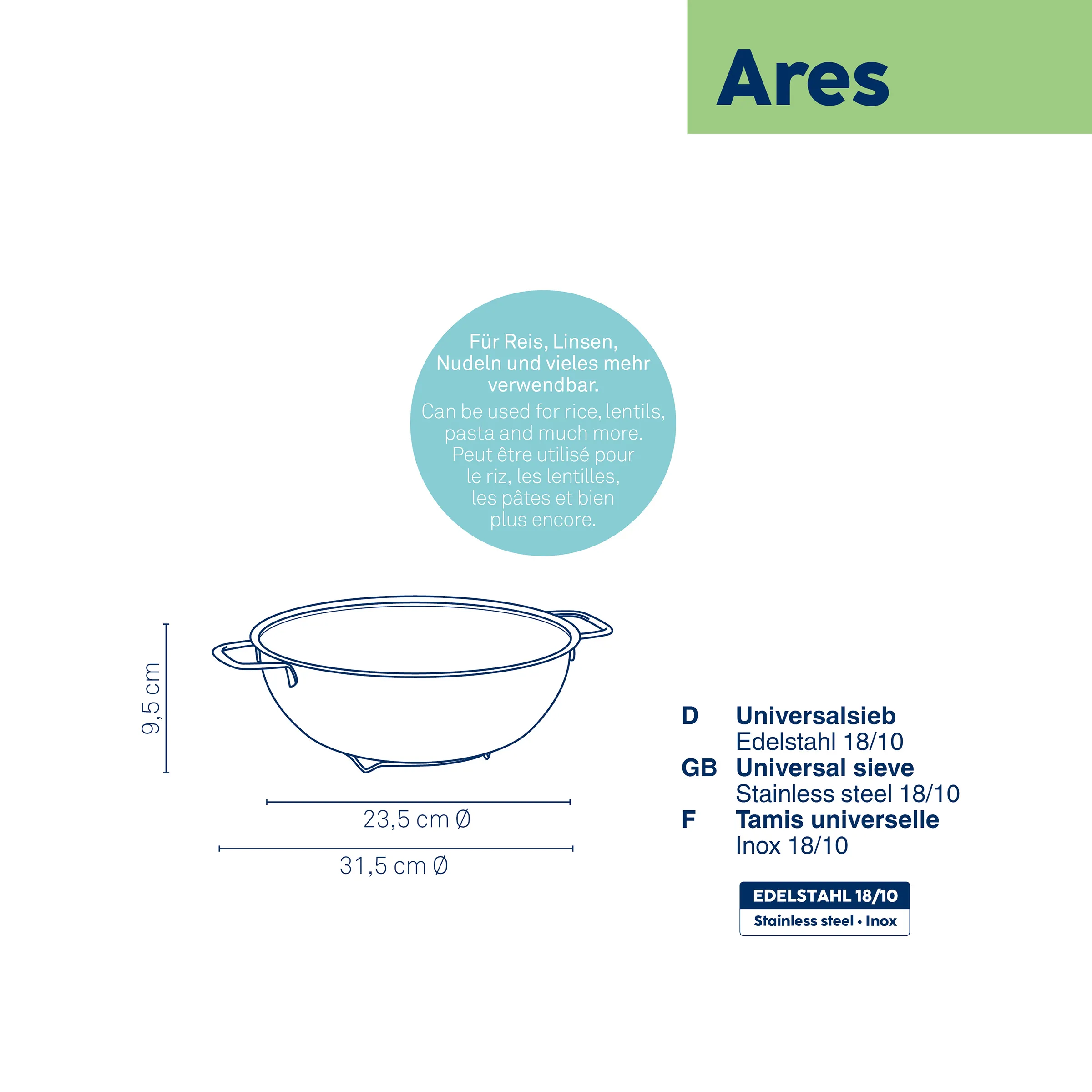 Universalsieb Edelstahl 18/10 - Ares Küchensieb Edelstahl-Universalsieb Ares mit 23,5 cm Durchmesser, 9,5 cm Höhe für Reis, Linsen und Nudeln