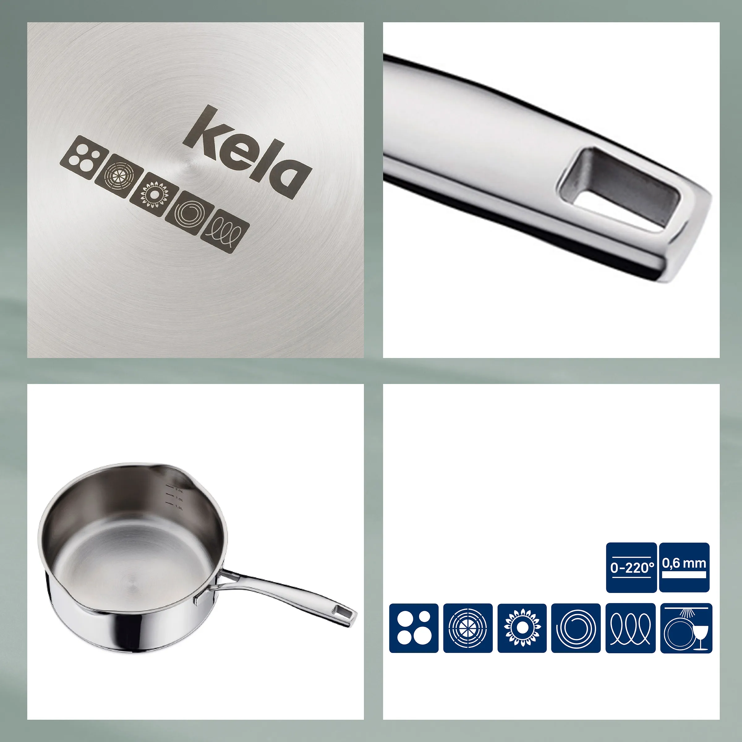 Kela Edelstahl-Stielkasserolle mit Induktion - Universal Kochtopf für alle Herdarten Kela Edelstahl-Stielkasserolle mit ergonomischem Griff und Symbolen für alle Herdarten inklusive Induktion